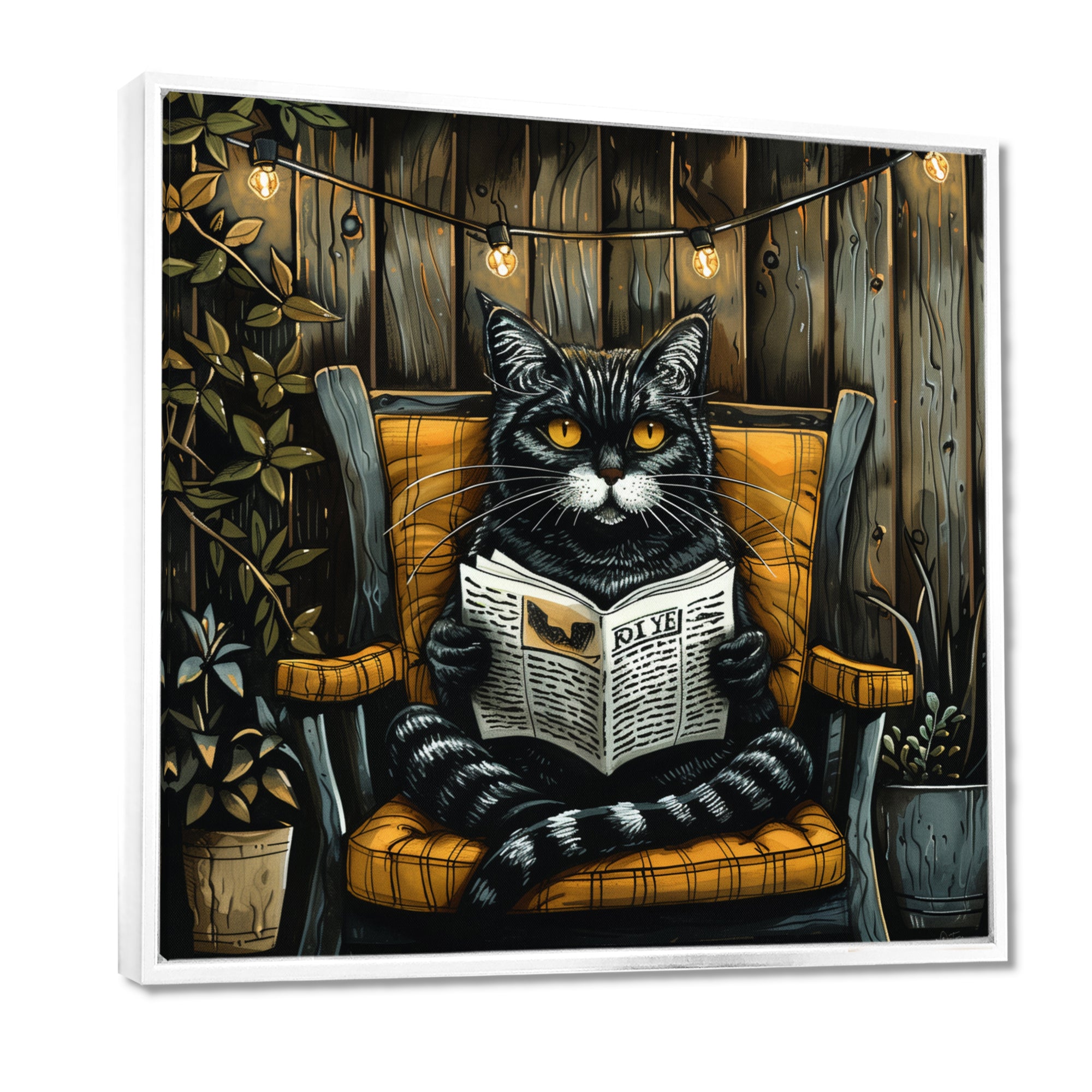 Gothic Cat Reading Newspaper On A Chair - Cat Large Canvas Wall Art