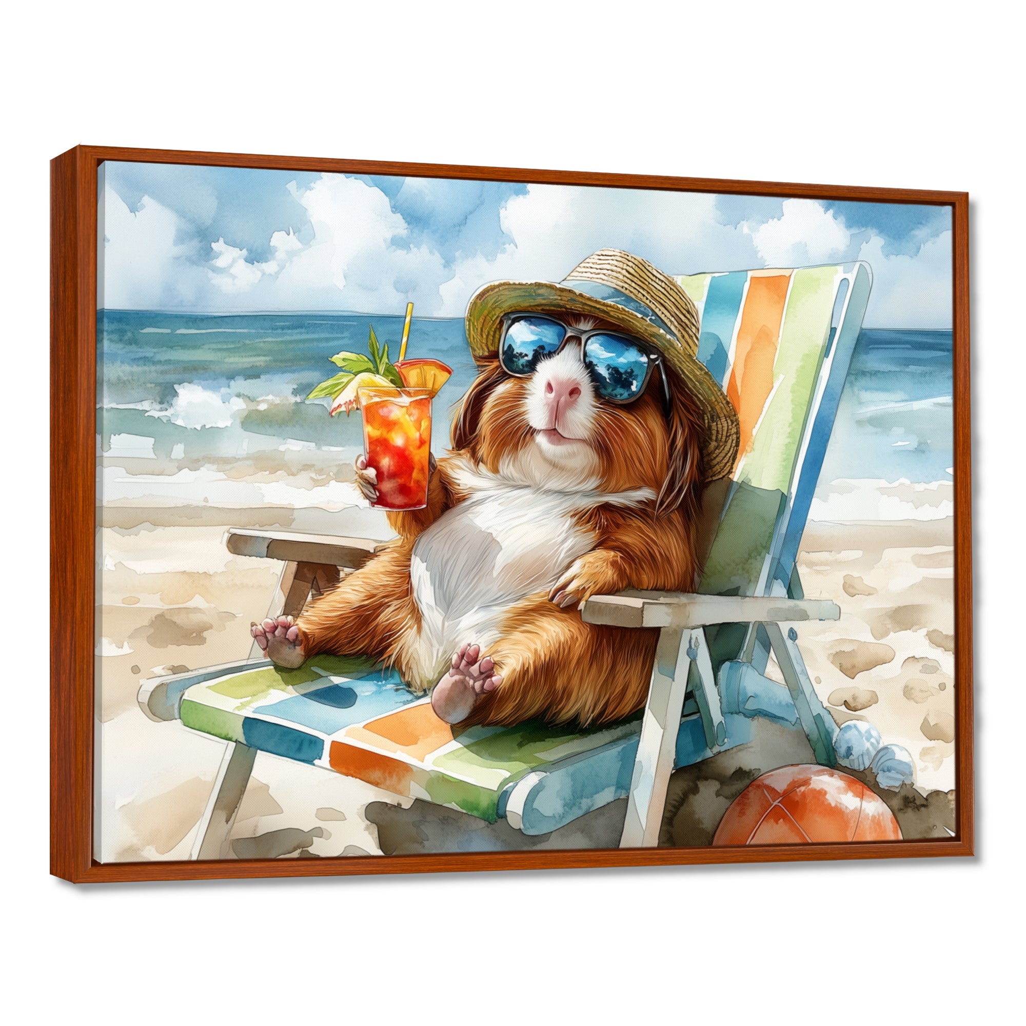 Guinea Pig Beachside Lounging - Coastal Animal Home Decor Art