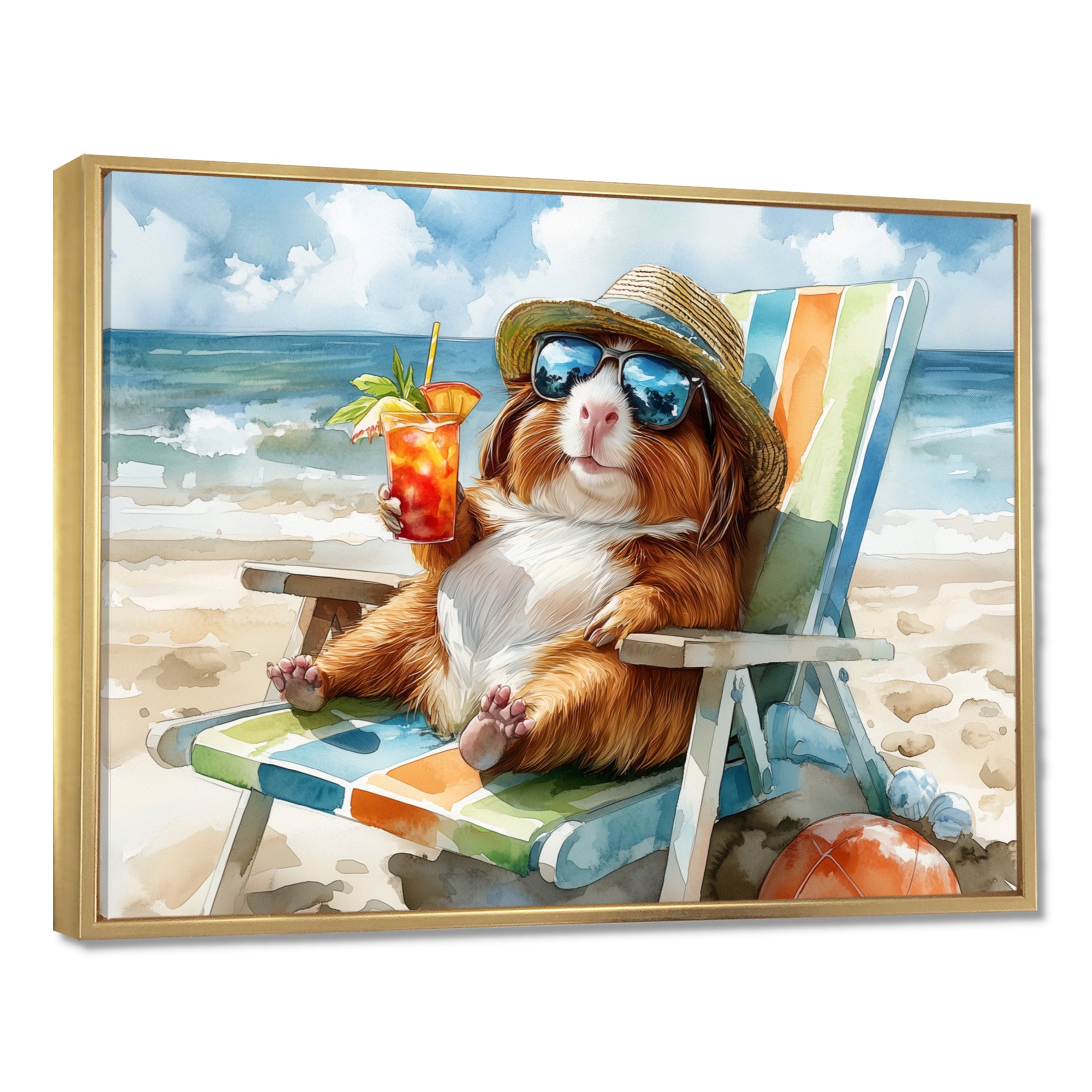 Guinea Pig Beachside Lounging - Coastal Animal Home Decor Art