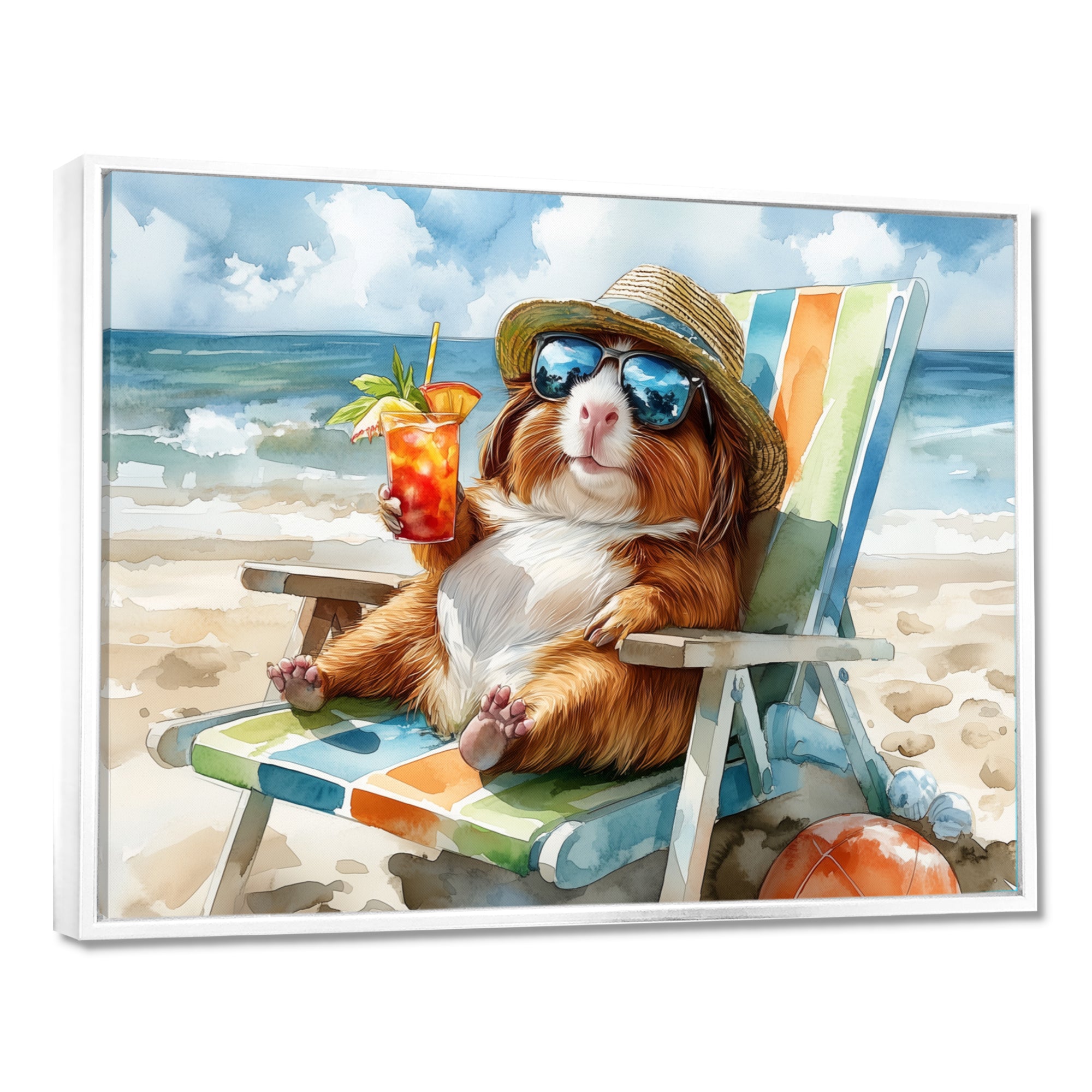 Guinea Pig Beachside Lounging - Coastal Animal Home Decor Art