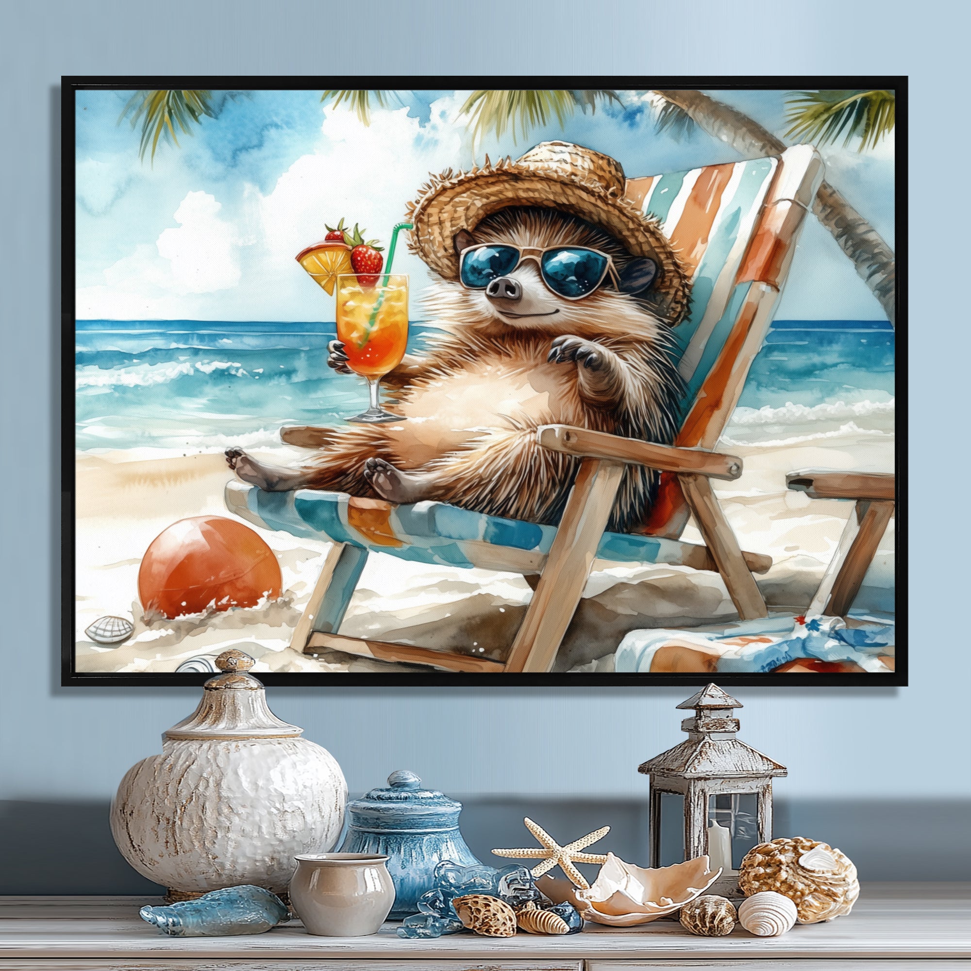 Hedgehog Beachside Lounging - Coastal Animal Living Room Wall Art