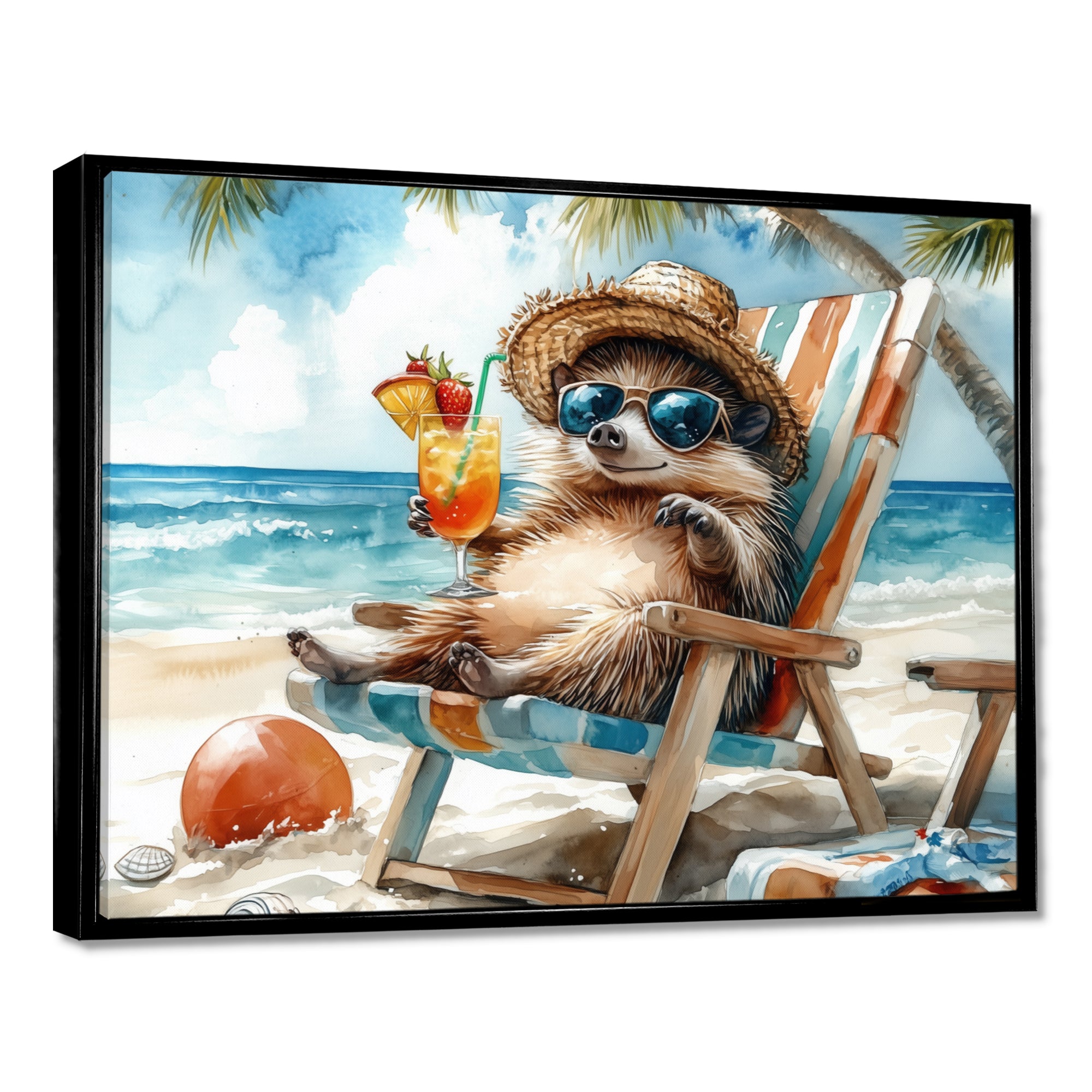 Hedgehog Beachside Lounging - Coastal Animal Living Room Wall Art