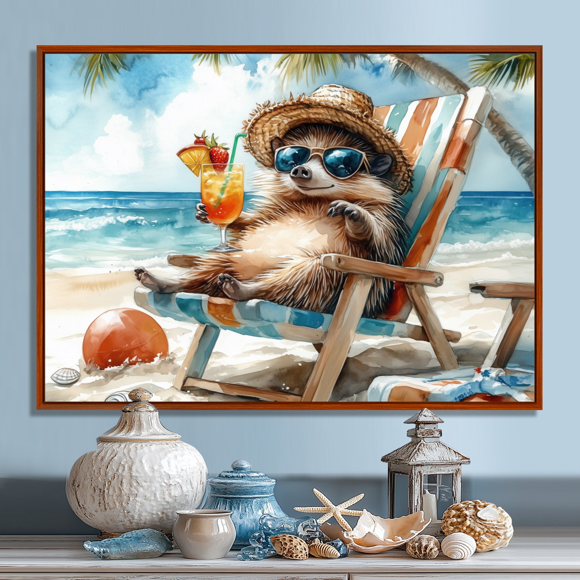 Hedgehog Beachside Lounging - Coastal Animal Living Room Wall Art