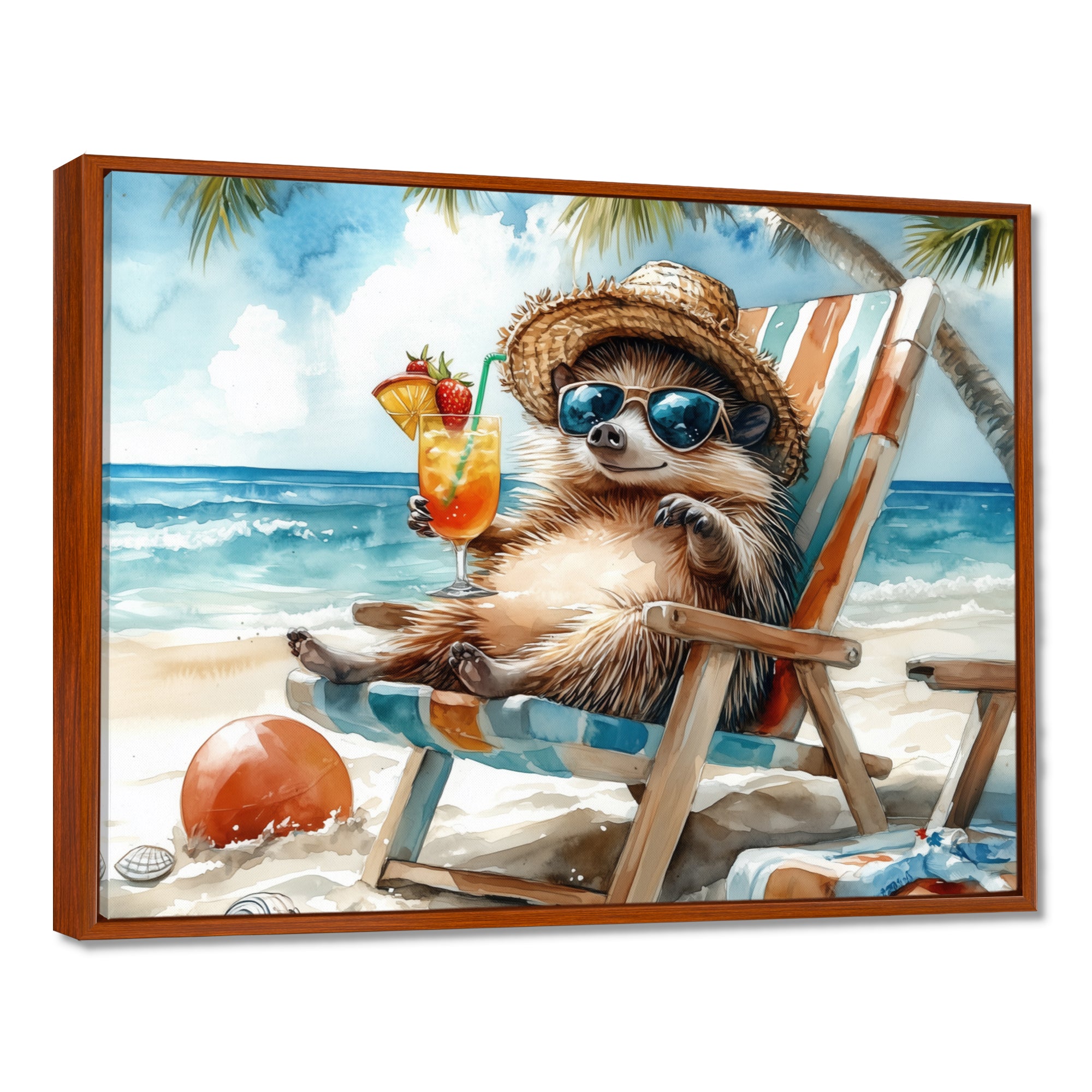 Hedgehog Beachside Lounging - Coastal Animal Living Room Wall Art