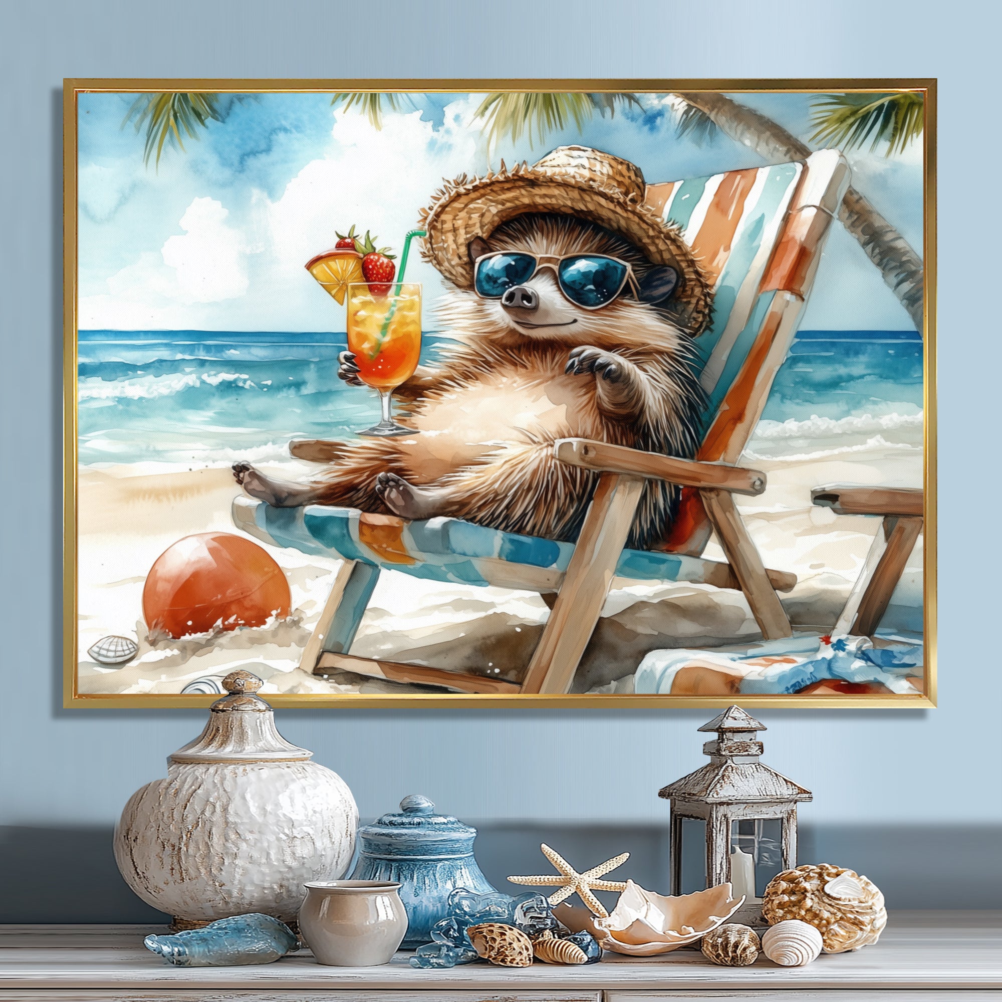 Hedgehog Beachside Lounging - Coastal Animal Living Room Wall Art
