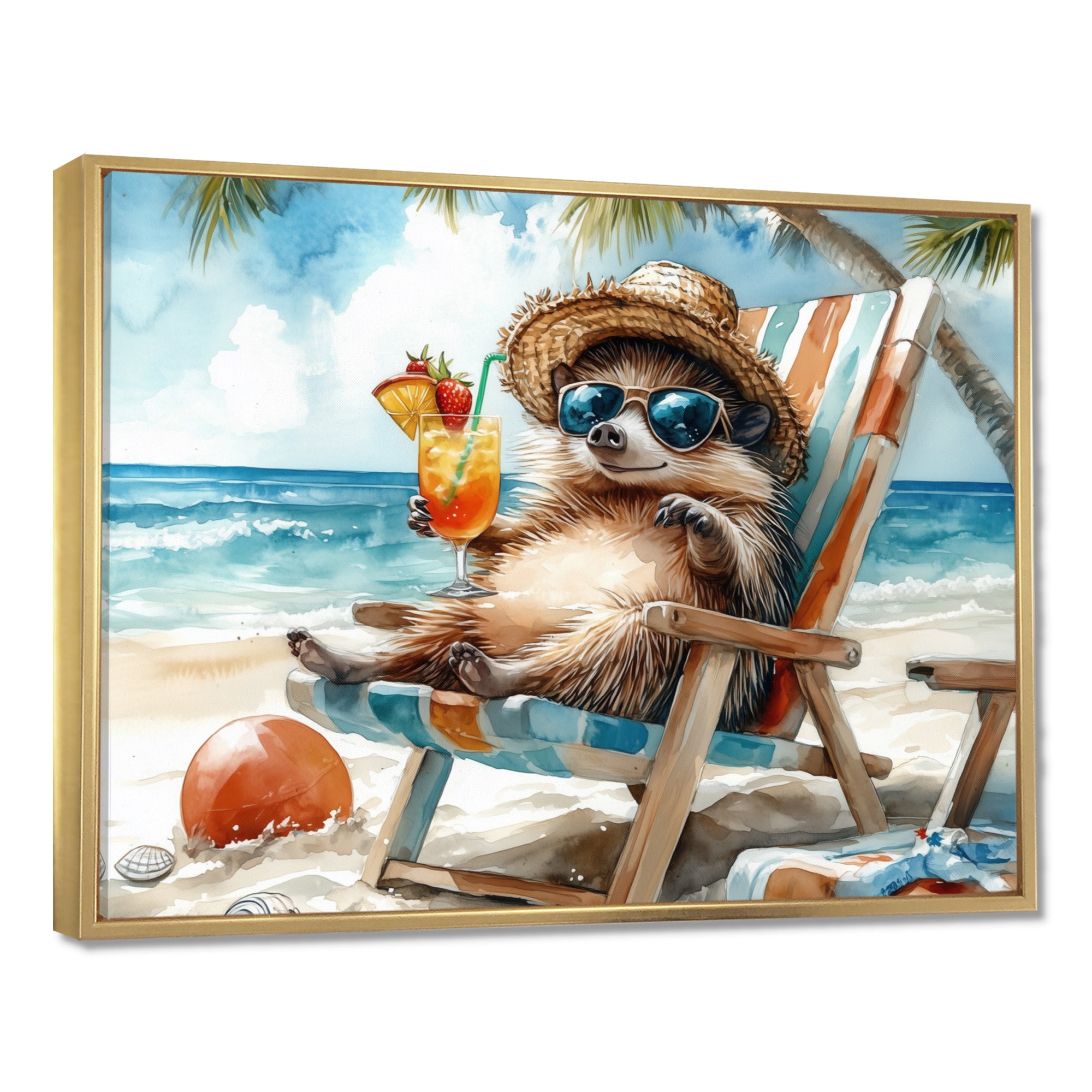 Hedgehog Beachside Lounging - Coastal Animal Living Room Wall Art