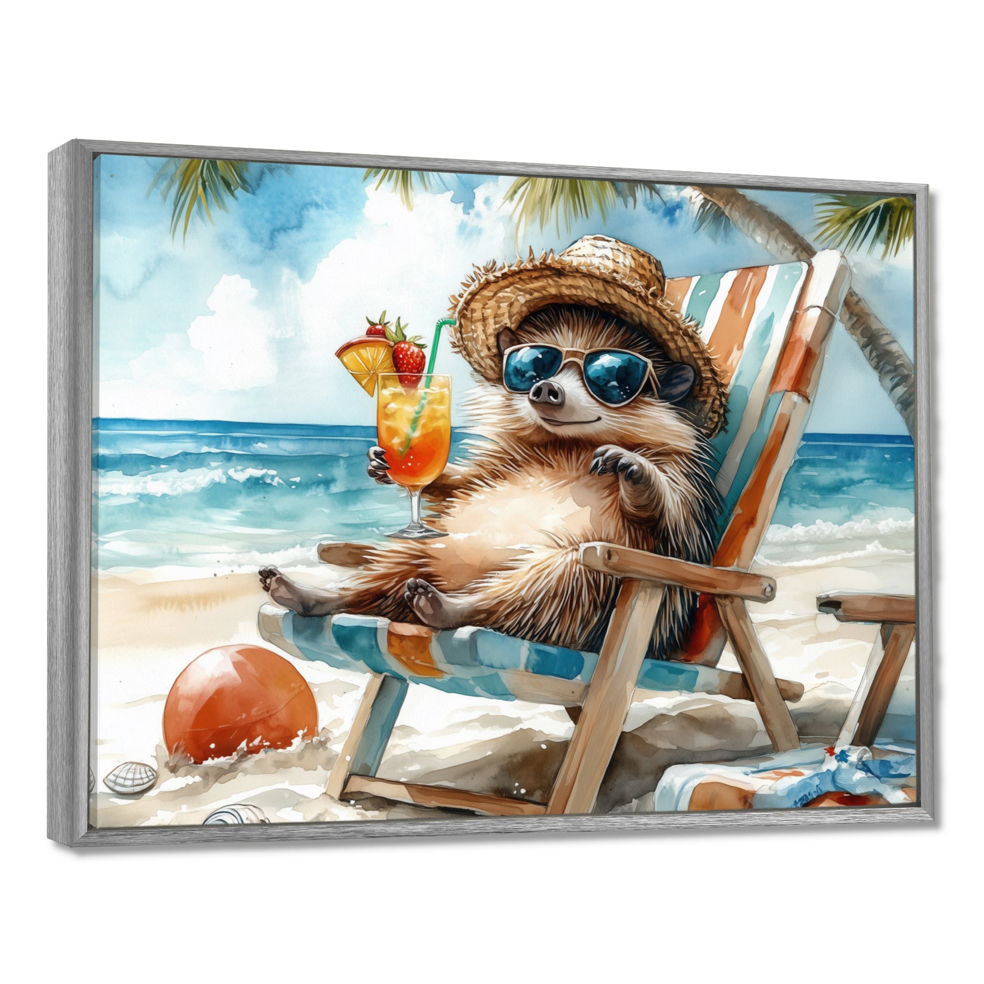 Hedgehog Beachside Lounging - Coastal Animal Living Room Wall Art