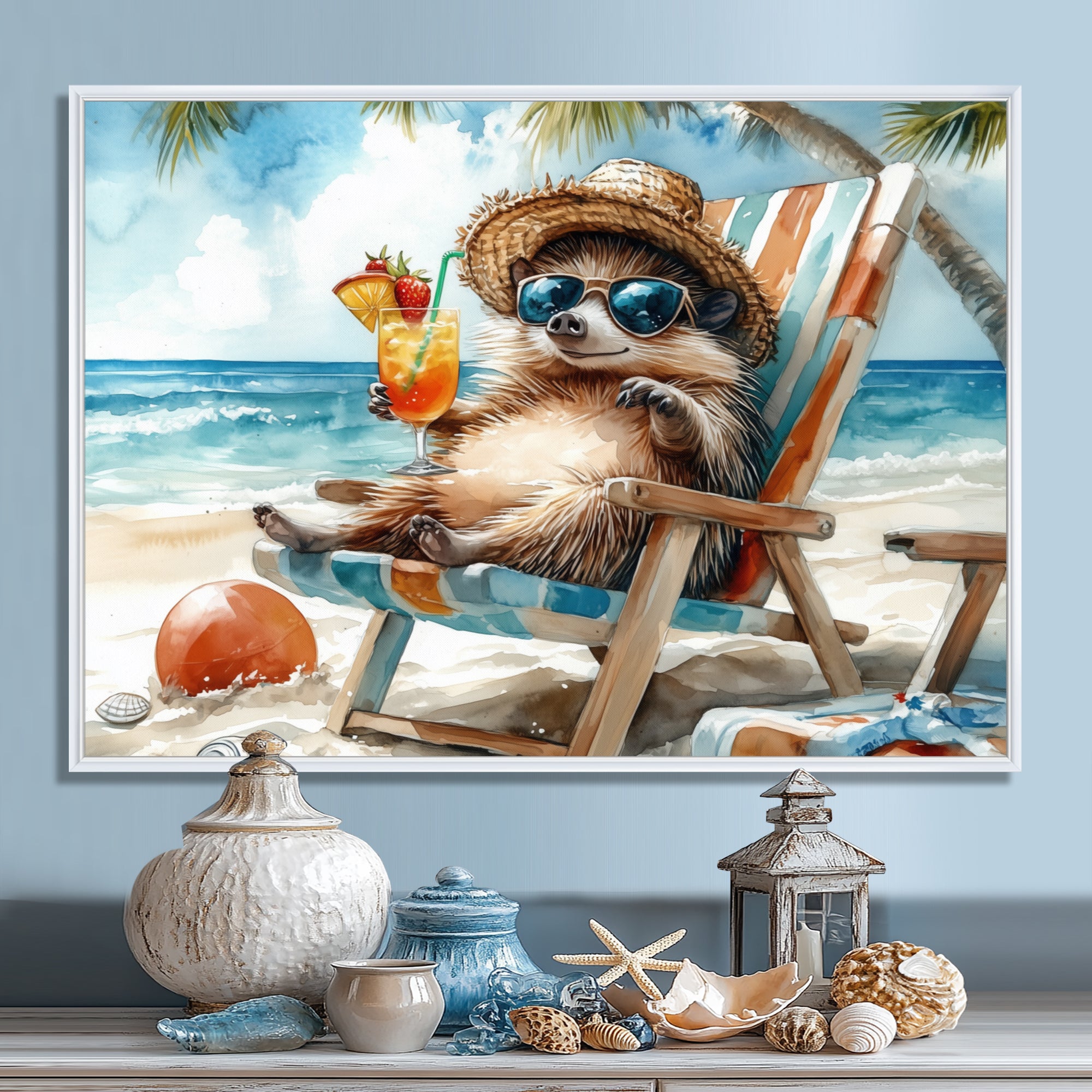 Hedgehog Beachside Lounging - Coastal Animal Living Room Wall Art