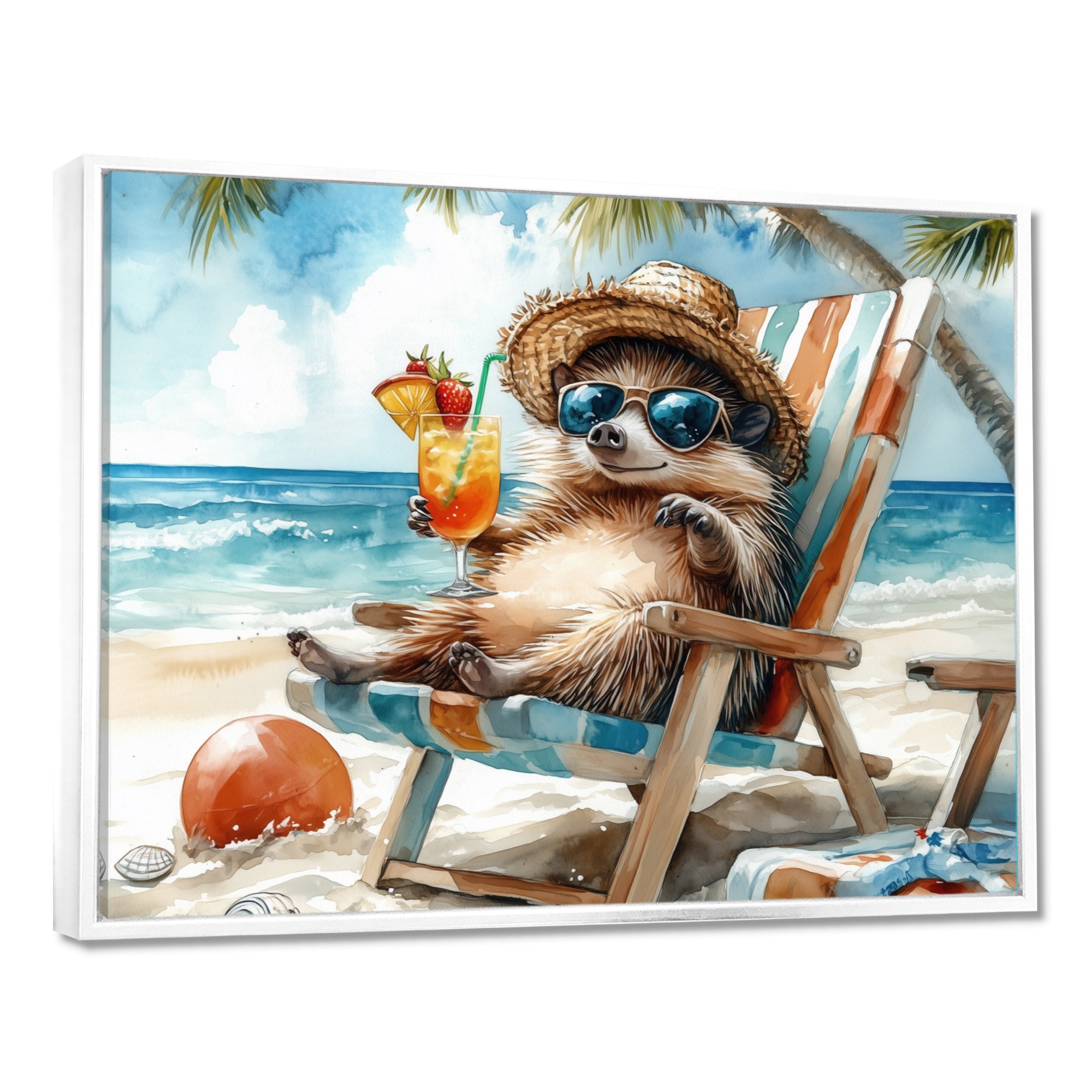 Hedgehog Beachside Lounging - Coastal Animal Living Room Wall Art