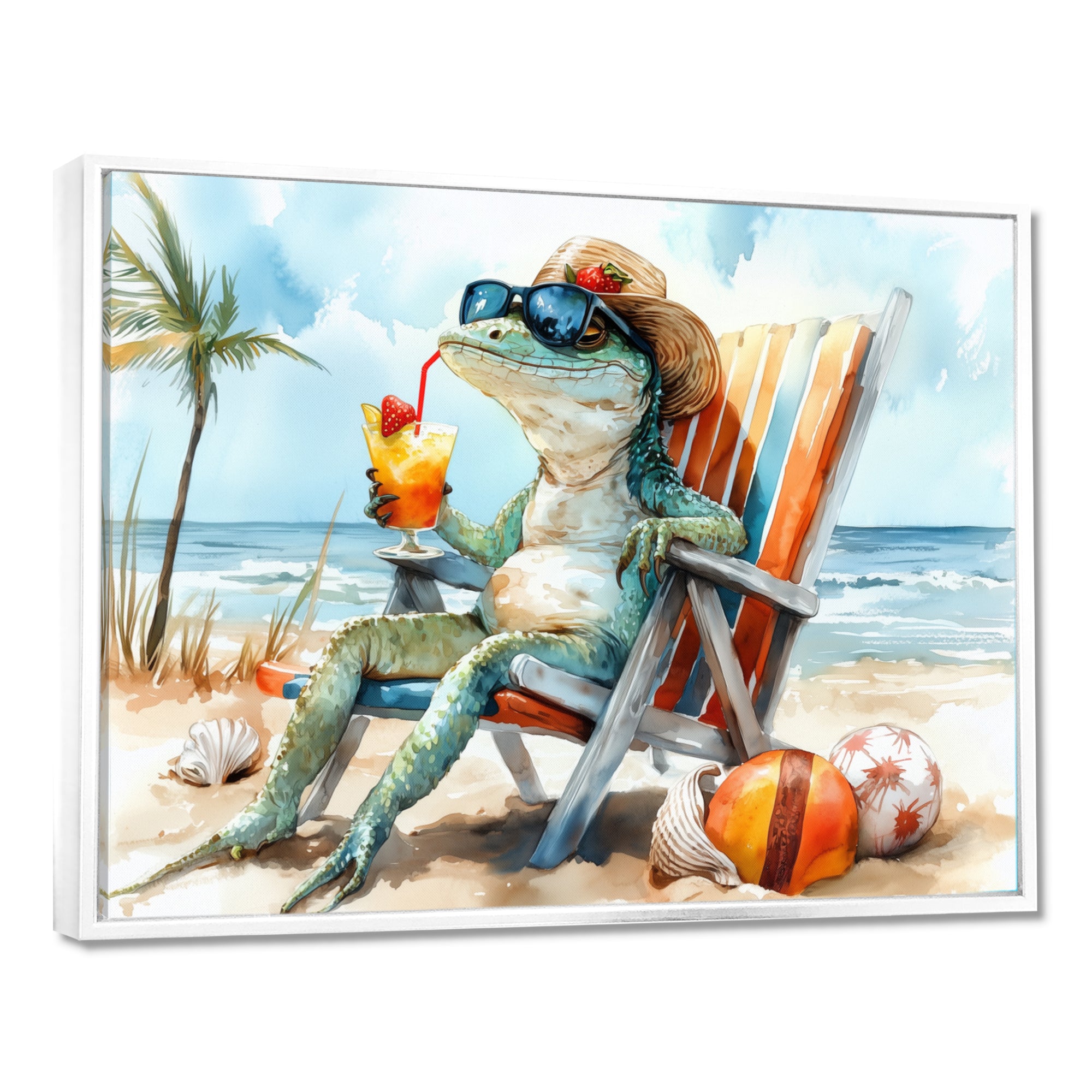 Lizard On A Beach Lounging Chair - Coastal Animal Canvas Wall Art