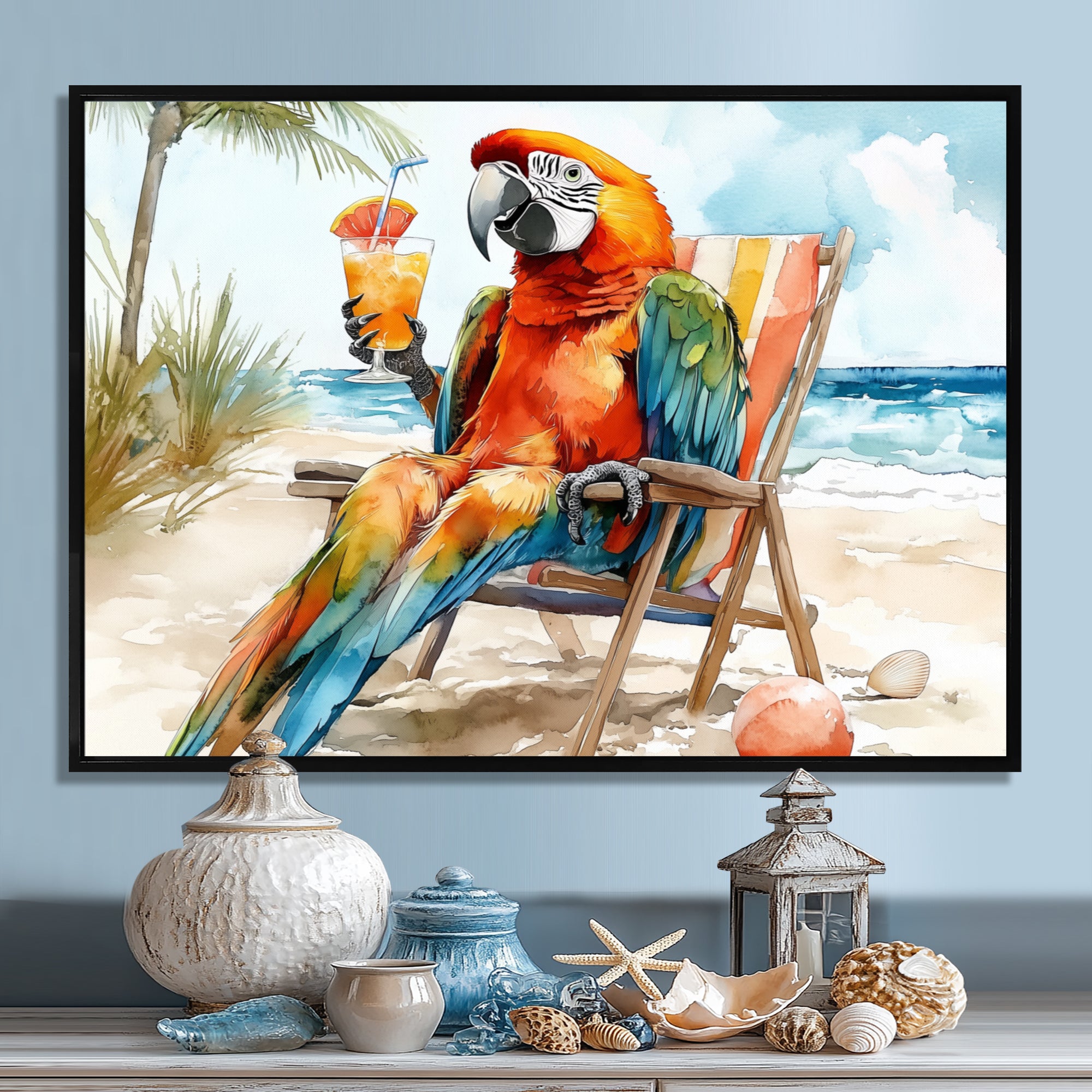 Macaw Parrot On A Beach Lounging Chair - Coastal Animal Canvas Wall Art