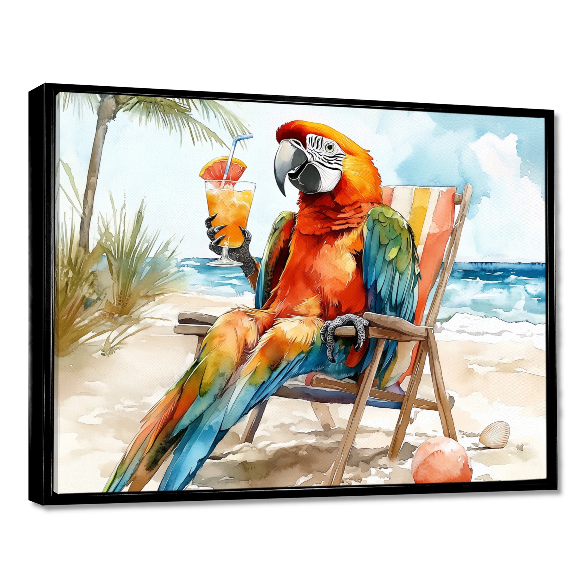Macaw Parrot On A Beach Lounging Chair - Coastal Animal Canvas Wall Art