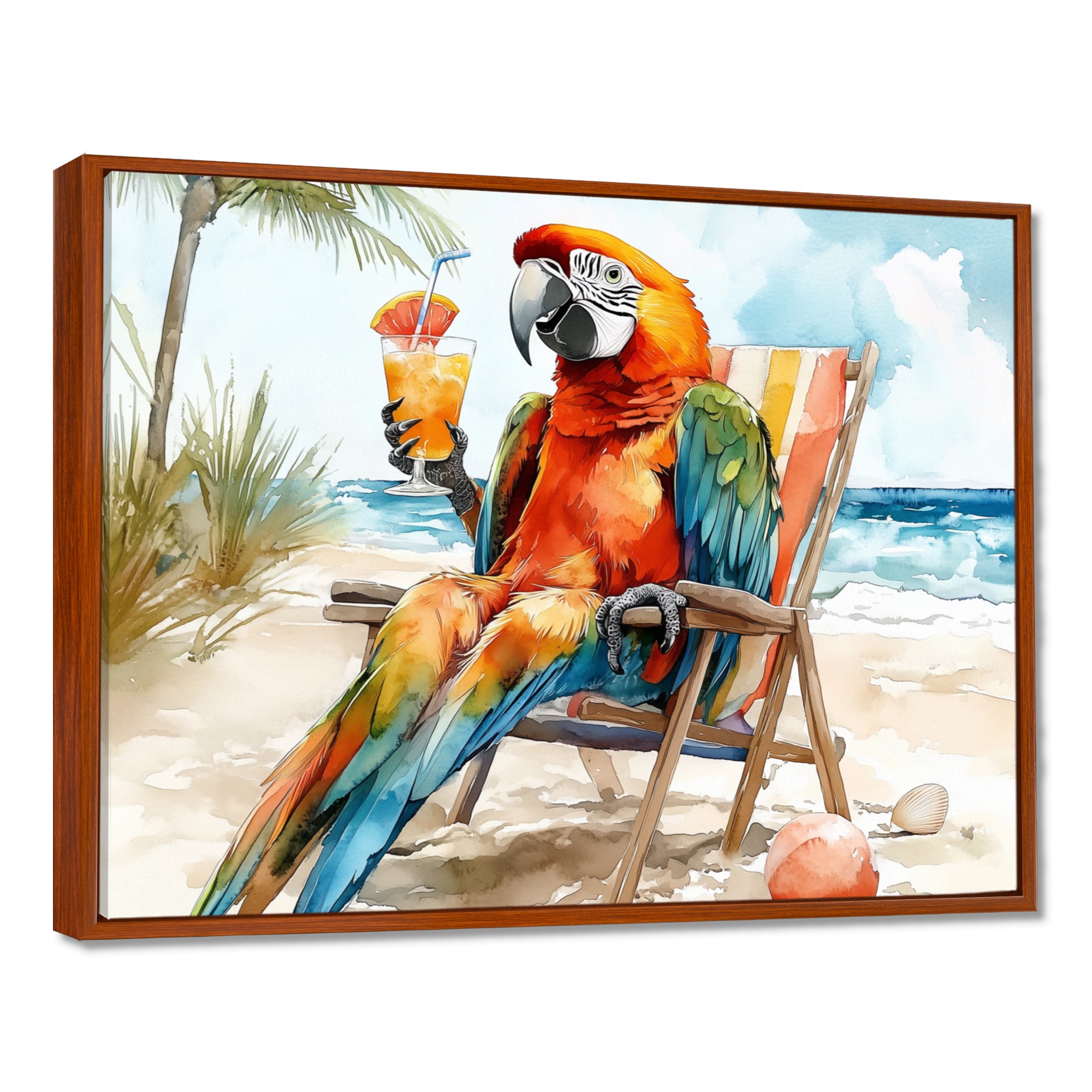 Macaw Parrot On A Beach Lounging Chair - Coastal Animal Canvas Wall Art