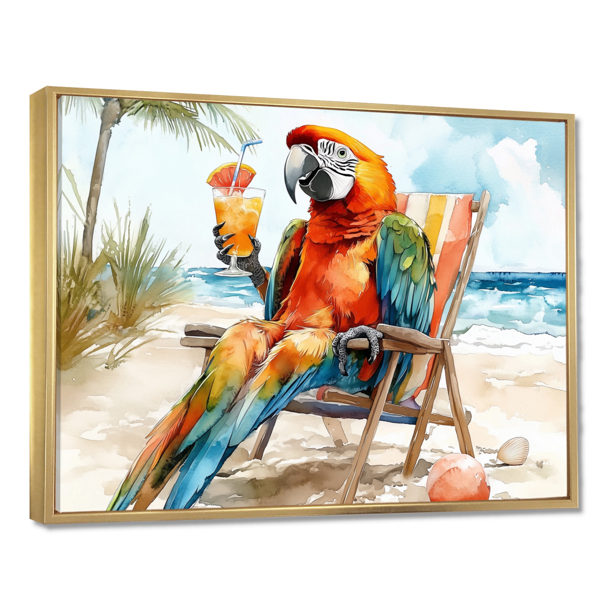 Macaw Parrot On A Beach Lounging Chair - Coastal Animal Canvas Wall Art