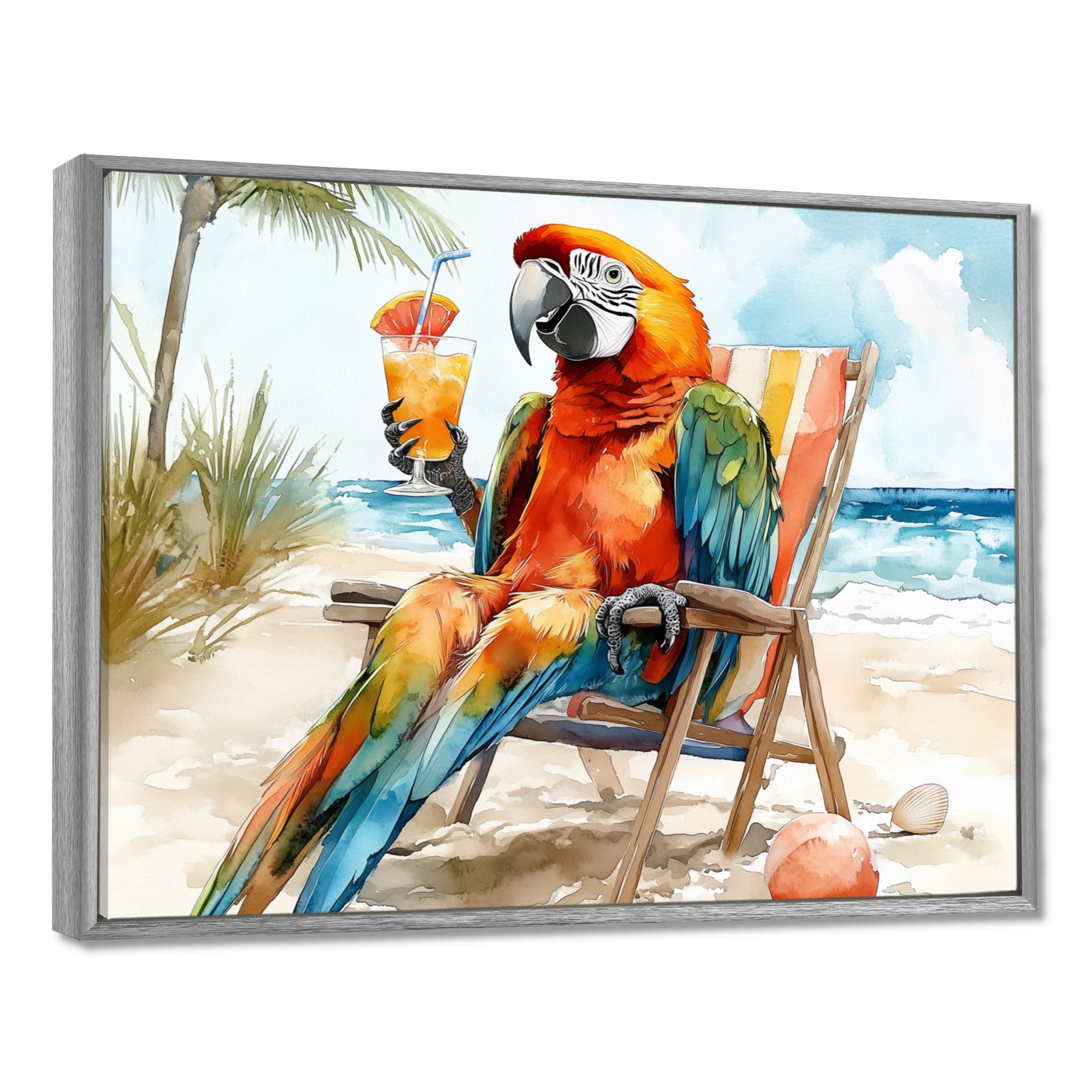 Macaw Parrot On A Beach Lounging Chair - Coastal Animal Canvas Wall Art