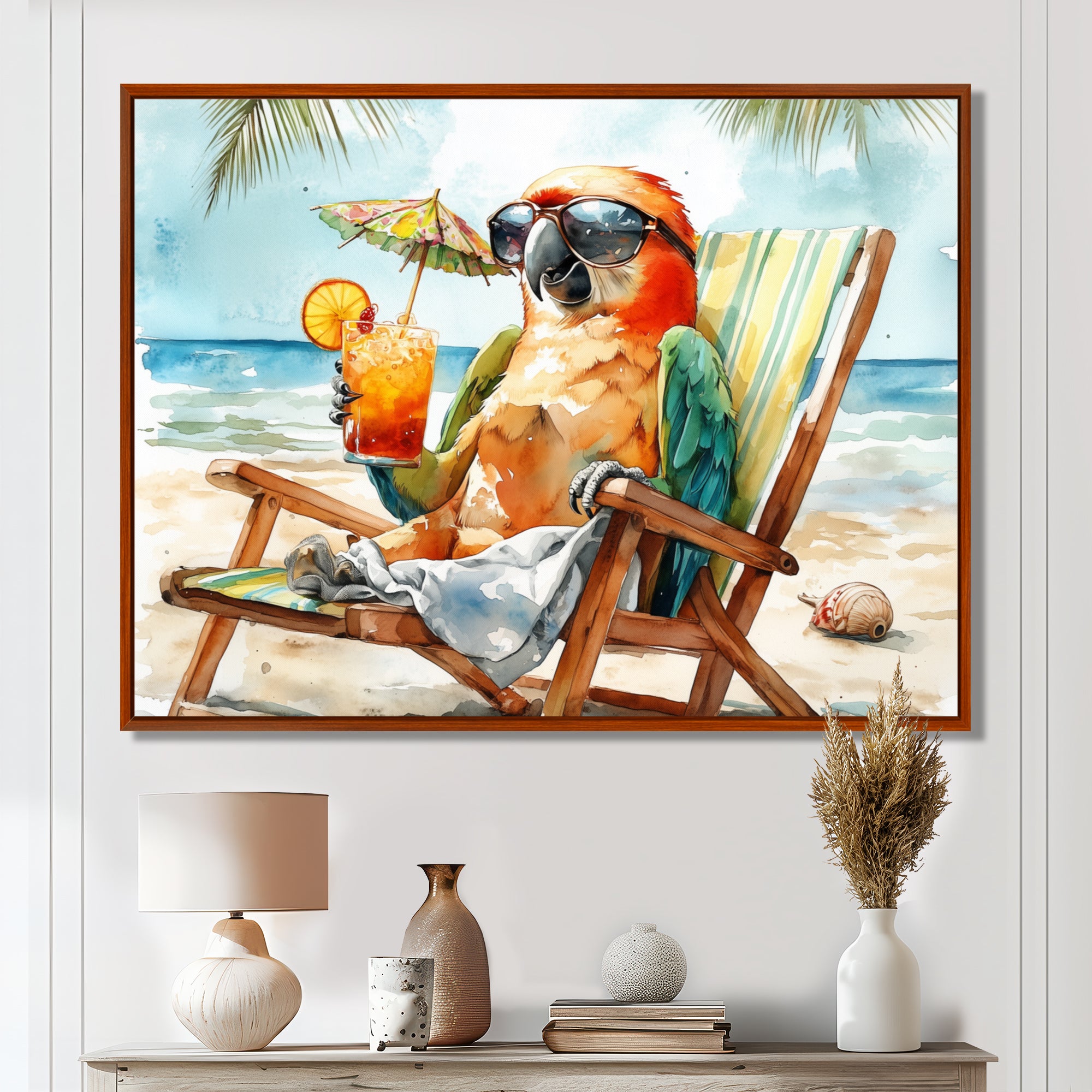 Parrot On The Beach Lounging - Coastal Animal Wall Decor