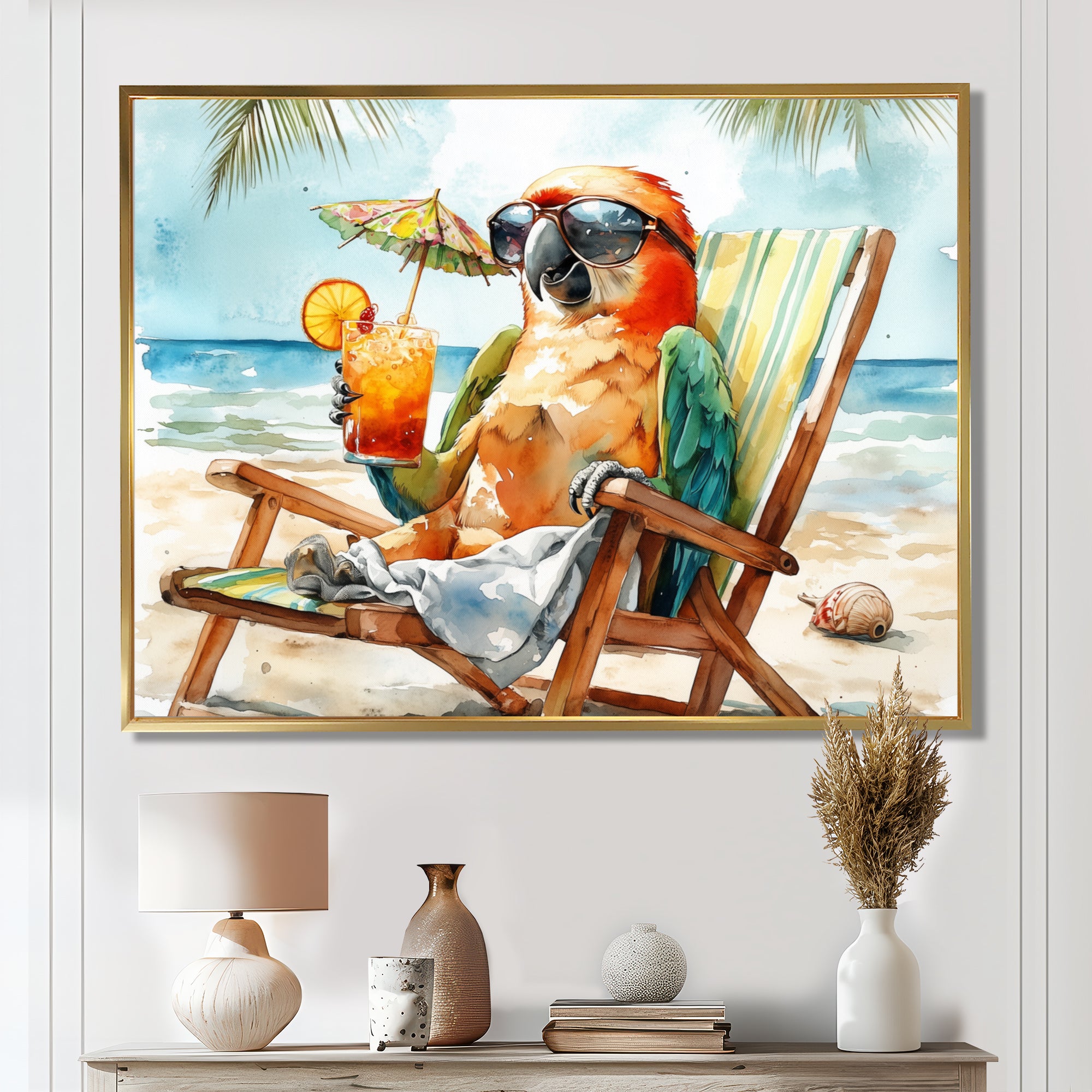 Parrot On The Beach Lounging - Coastal Animal Wall Decor