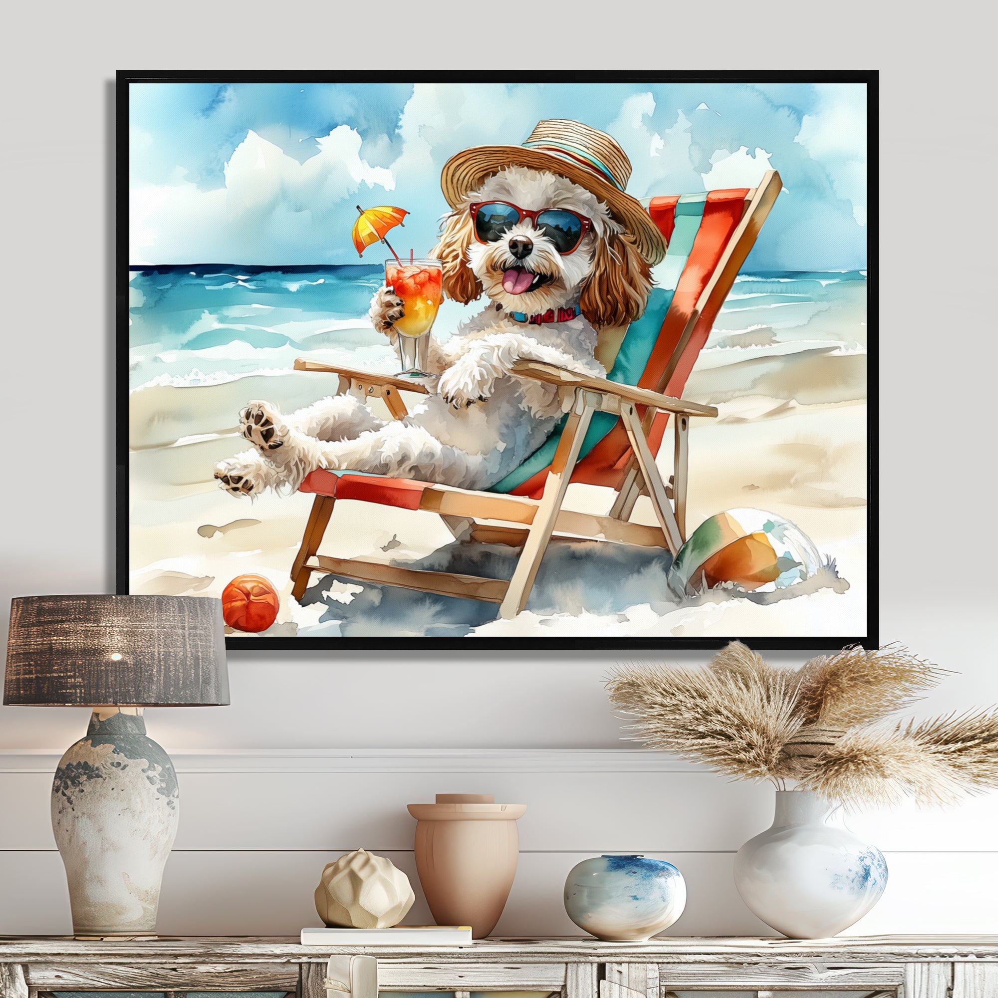 Grey Poodle Dog On The Beach Relaxing - Coastal Animal Wall Decor