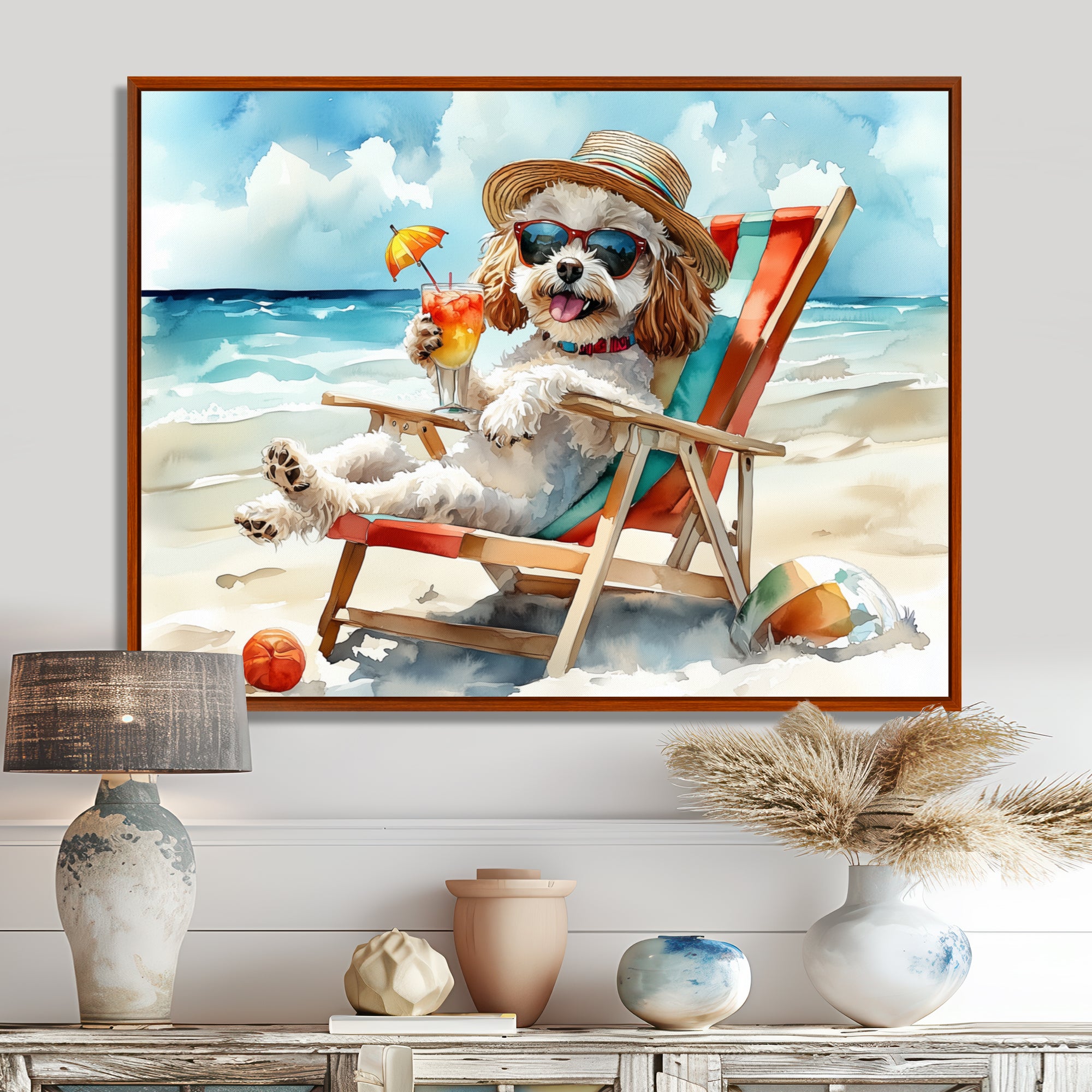 Grey Poodle Dog On The Beach Relaxing - Coastal Animal Wall Decor