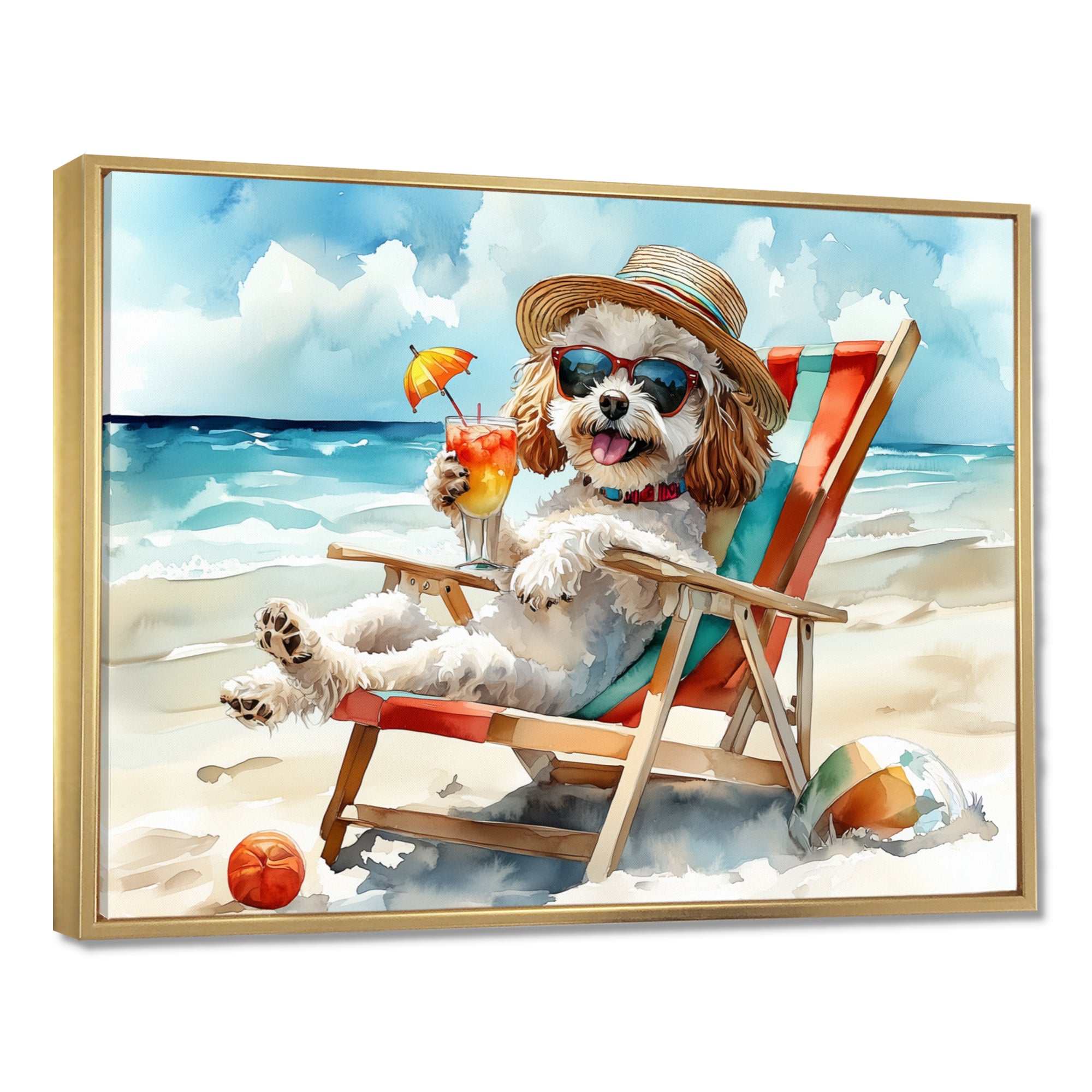Grey Poodle Dog On The Beach Relaxing - Coastal Animal Wall Decor
