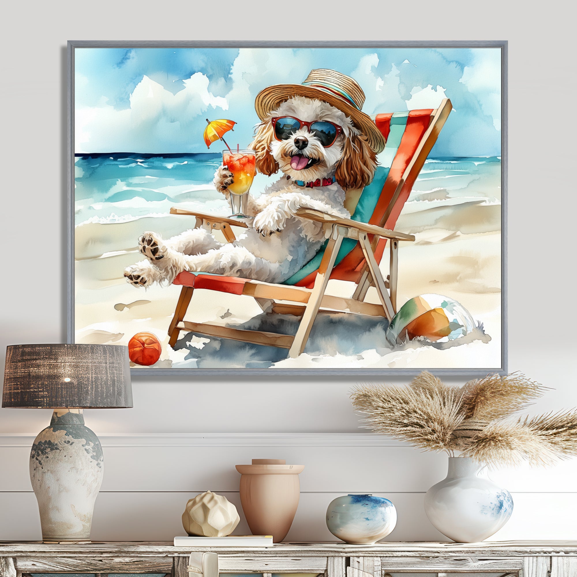Grey Poodle Dog On The Beach Relaxing - Coastal Animal Wall Decor