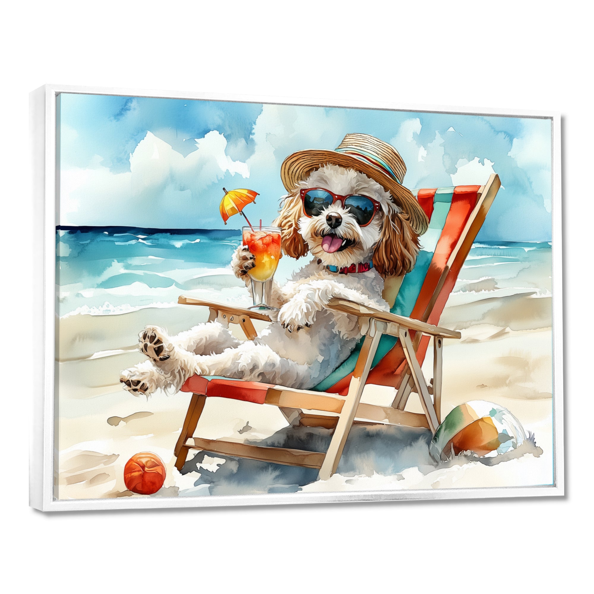 Grey Poodle Dog On The Beach Relaxing - Coastal Animal Wall Decor