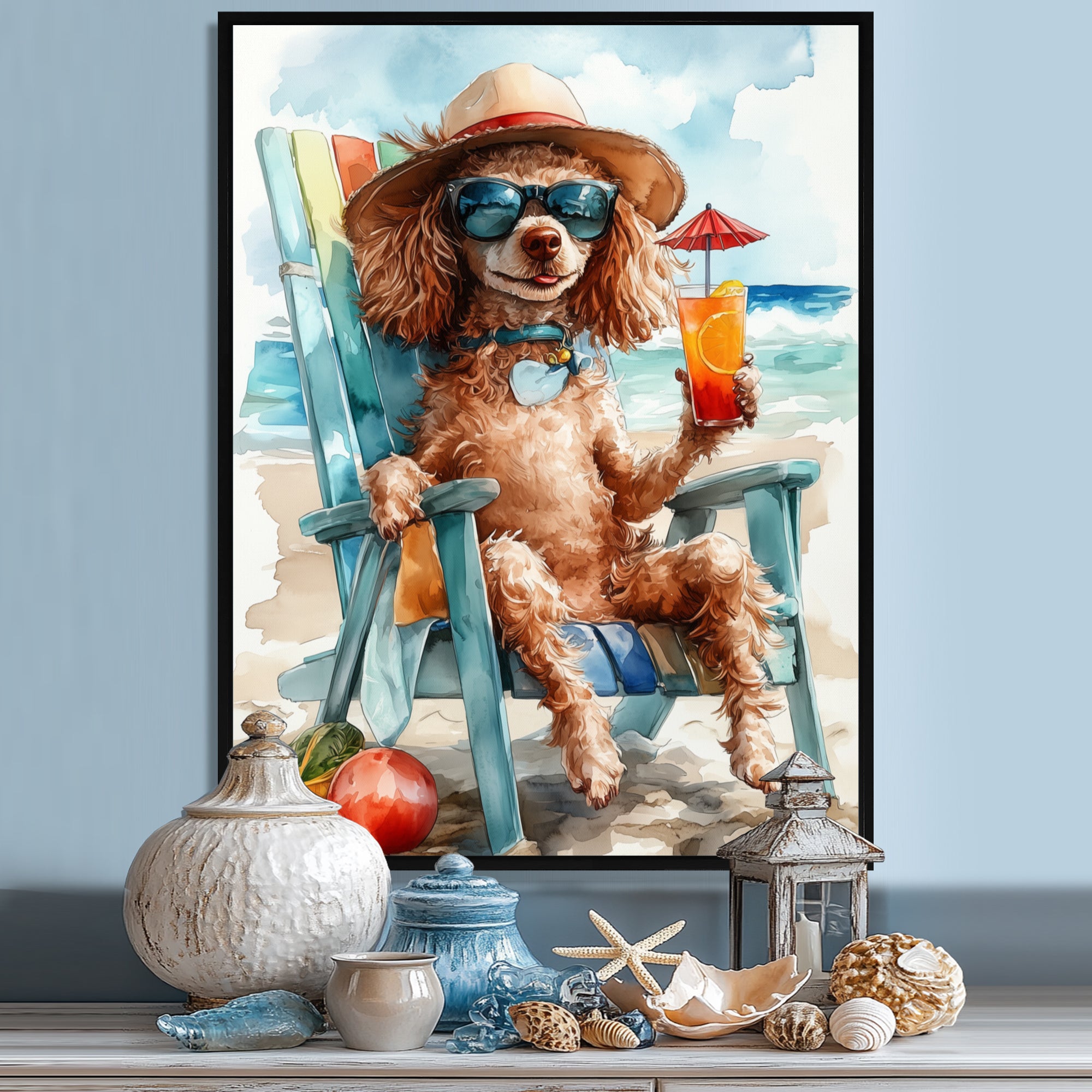 Brown Poodle Dog On The Beach Relaxing - Coastal Animal Wall Art Prints