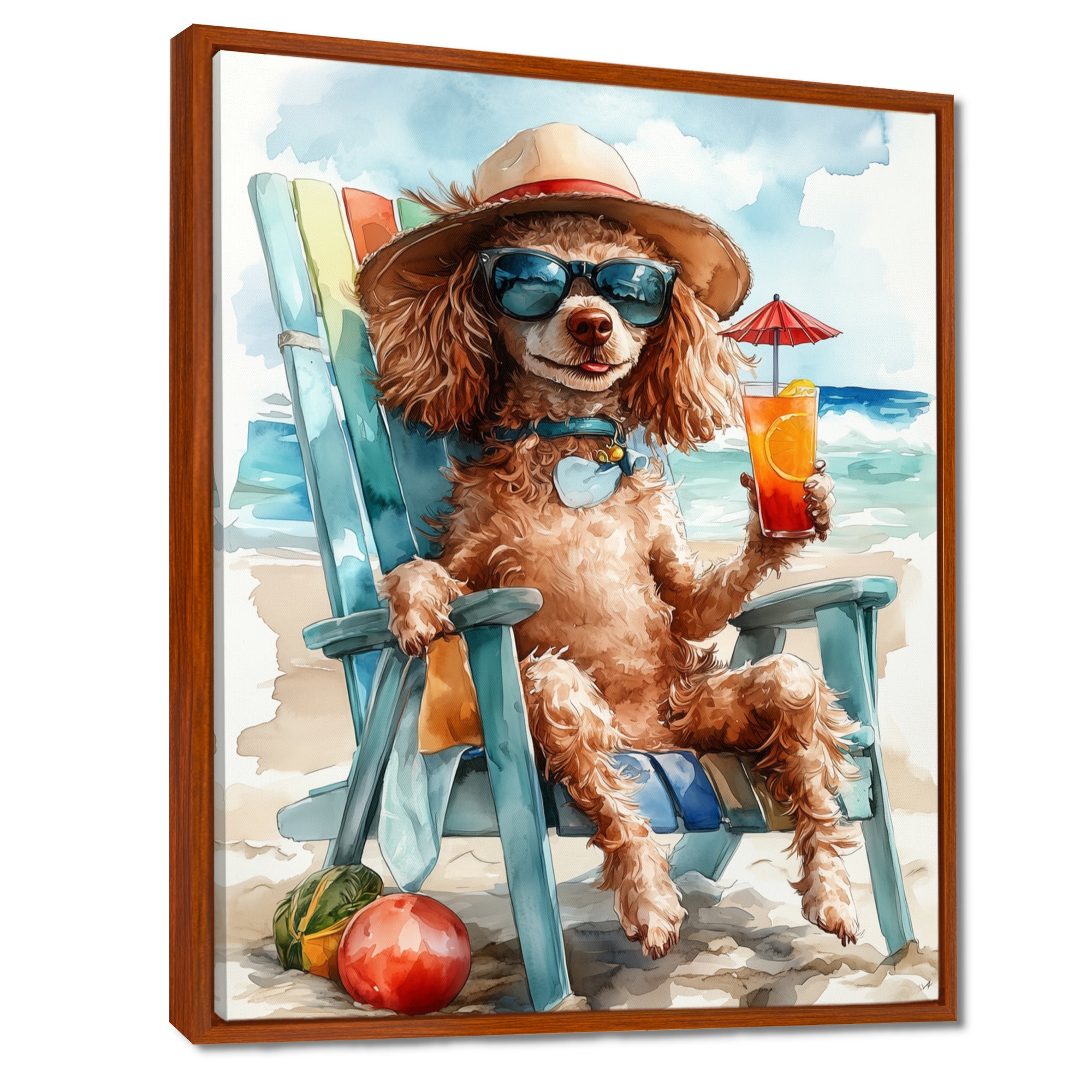Brown Poodle Dog On The Beach Relaxing - Coastal Animal Wall Art Prints