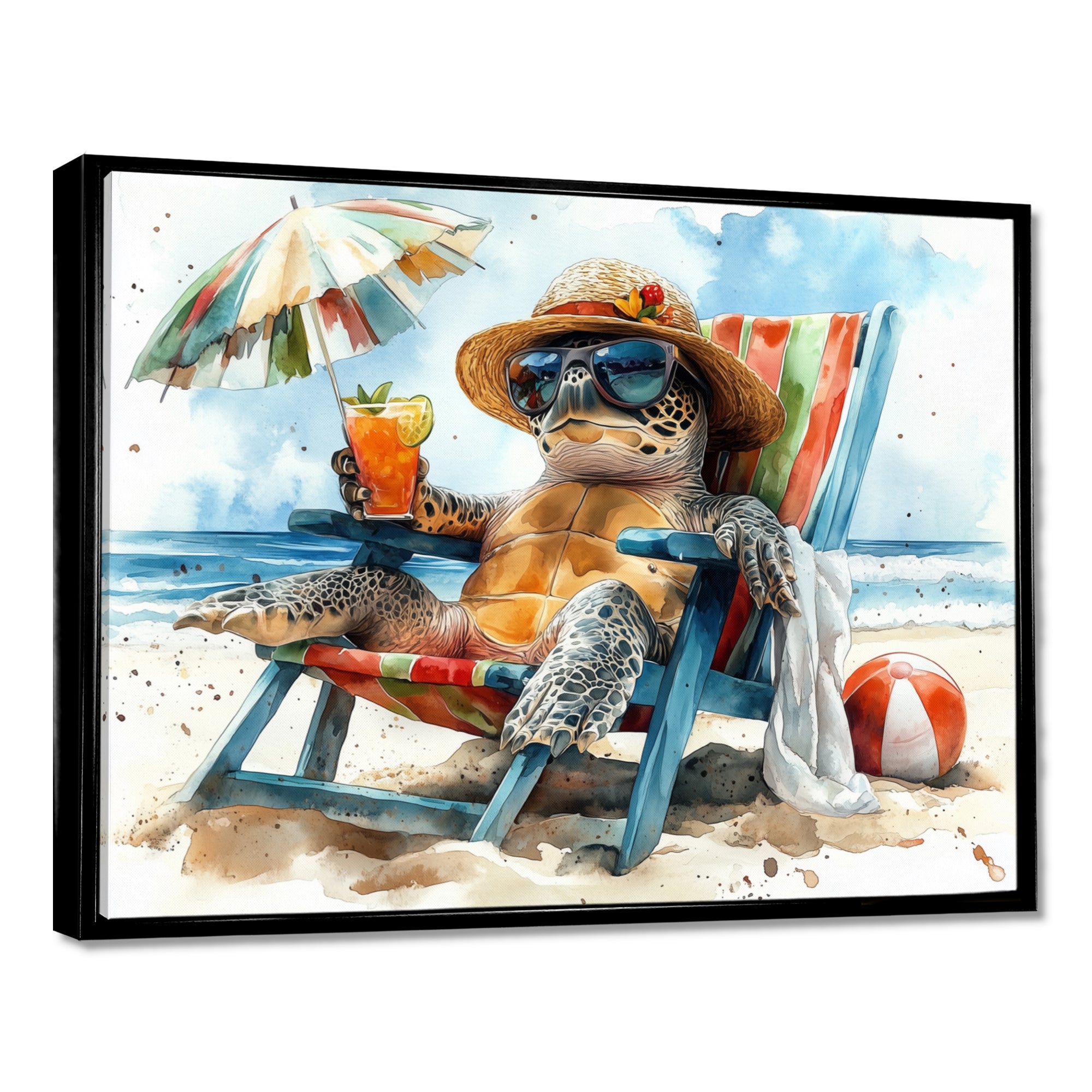 Turtle On The Beach Relaxing - Green Coastal Animal Wall Art