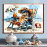 Turtle On The Beach Relaxing - Green Coastal Animal Wall Art