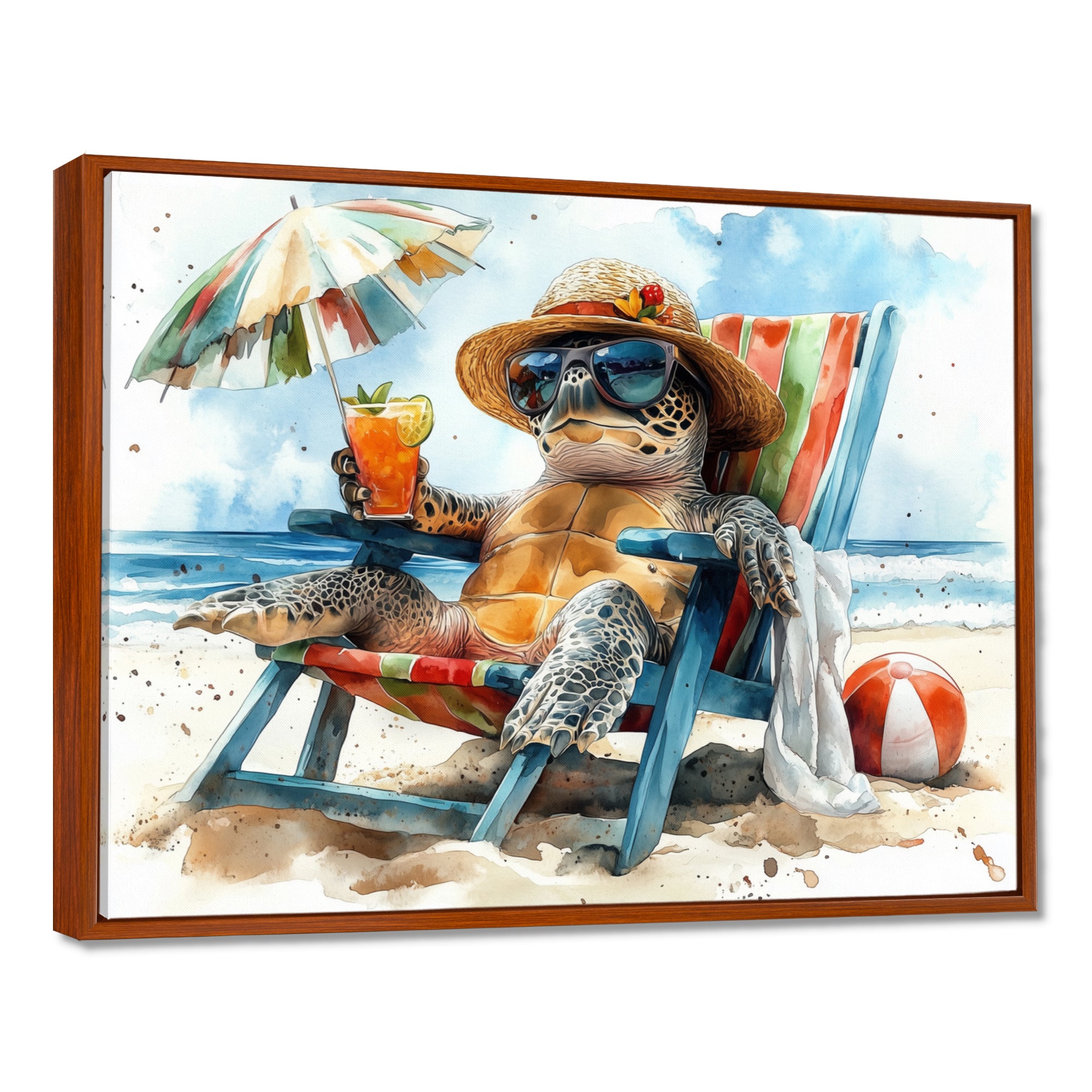 Turtle On The Beach Relaxing - Green Coastal Animal Wall Art