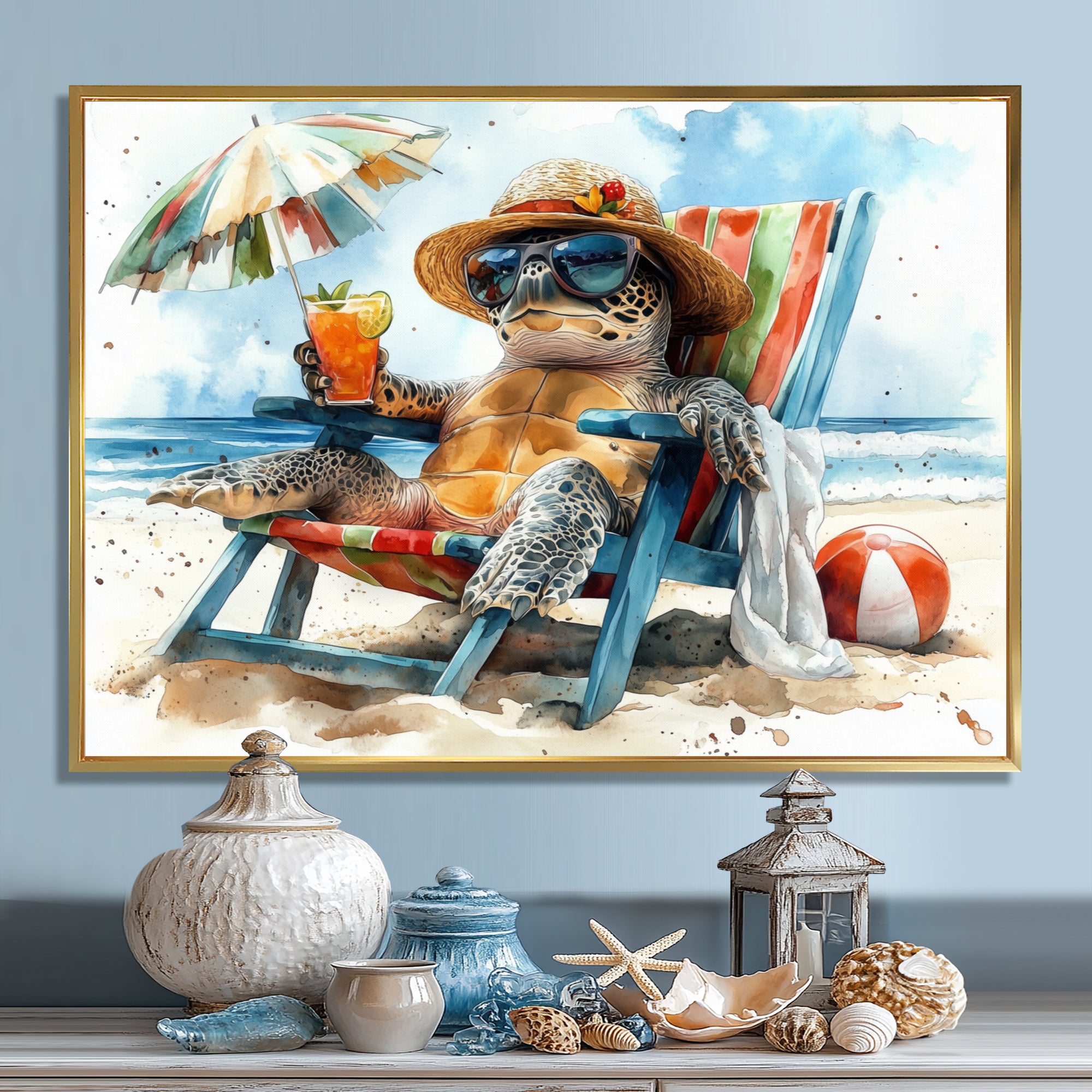 Turtle On The Beach Relaxing - Green Coastal Animal Wall Art