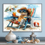 Turtle On The Beach Relaxing - Green Coastal Animal Wall Art