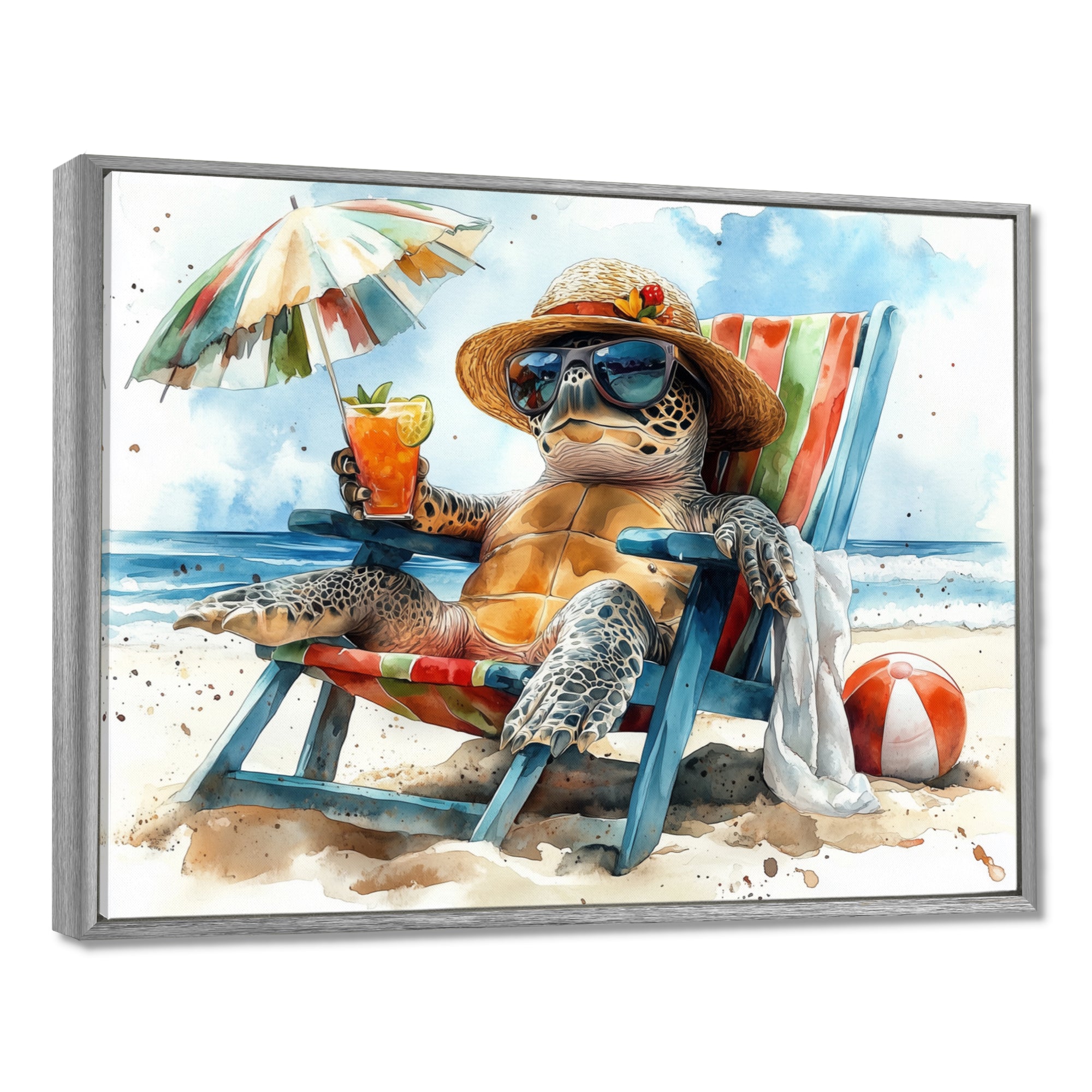 Turtle On The Beach Relaxing - Green Coastal Animal Wall Art