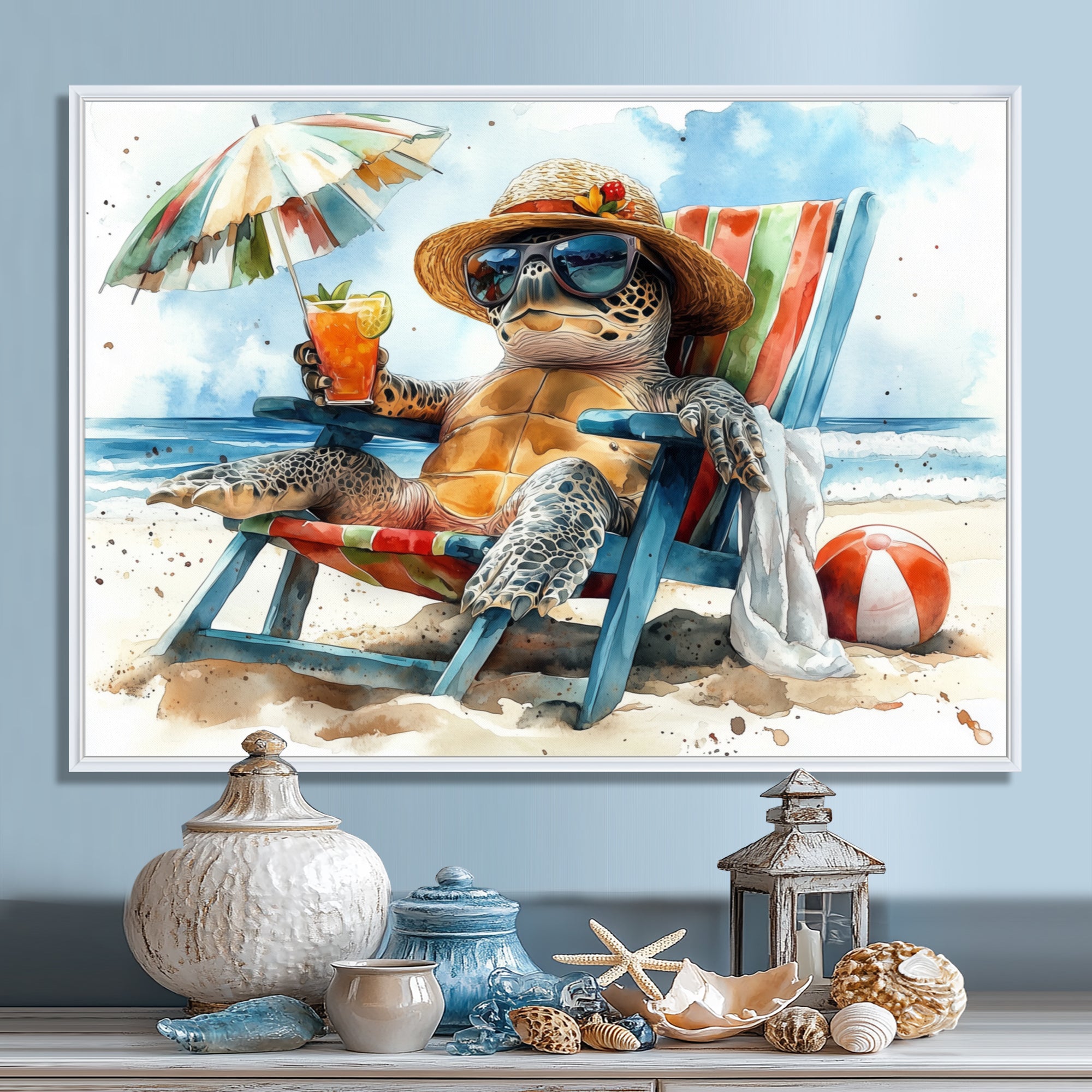 Turtle On The Beach Relaxing - Green Coastal Animal Wall Art