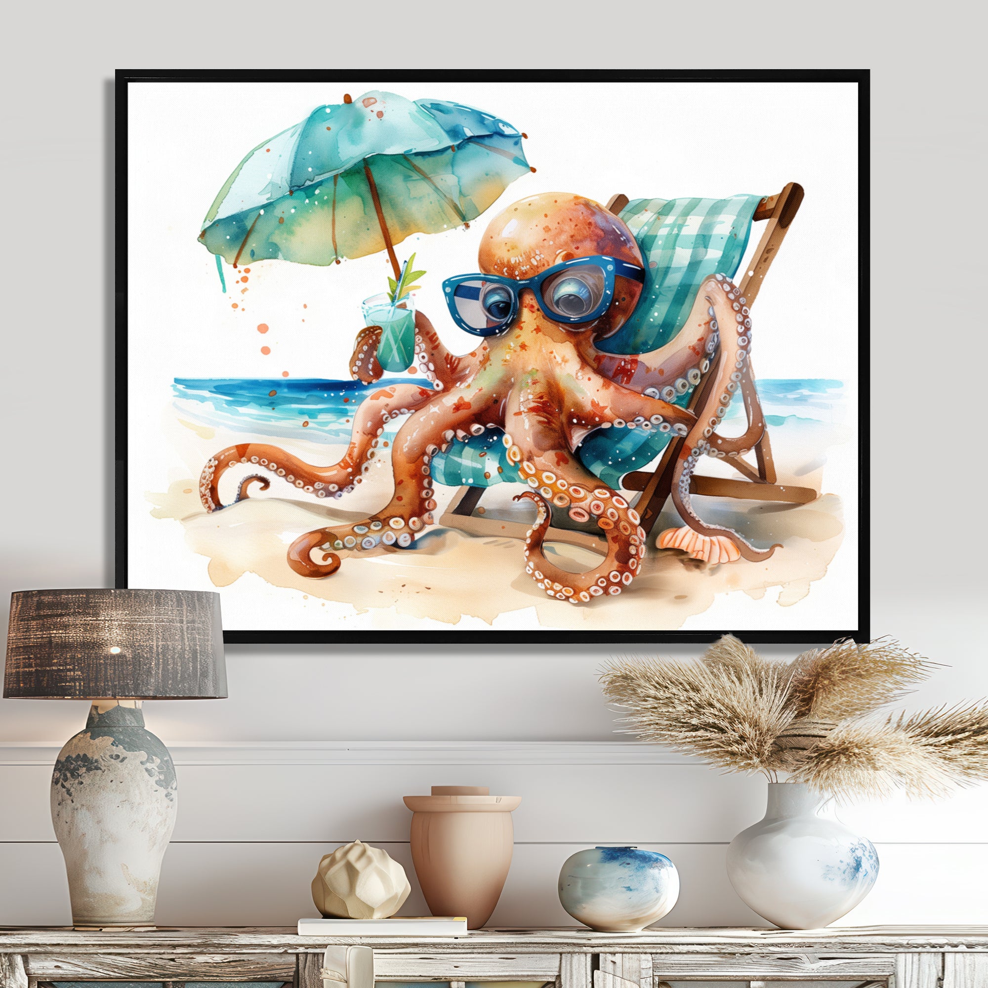 Octopus Relaxing On A Beach Chair - Octopus Home Decor Art