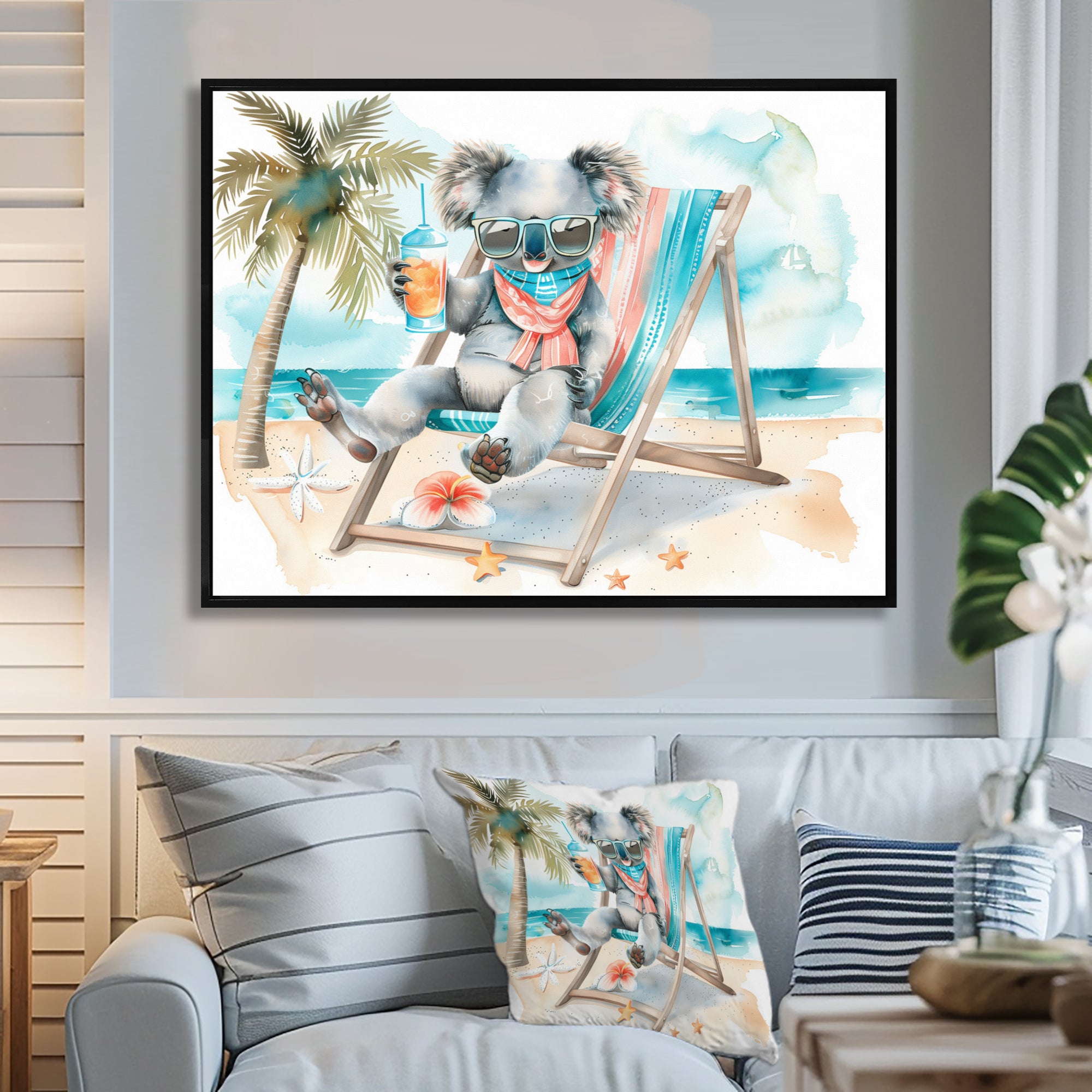 Cute Koala Beach Relaxing - Gray Coastal Animal Wall Art