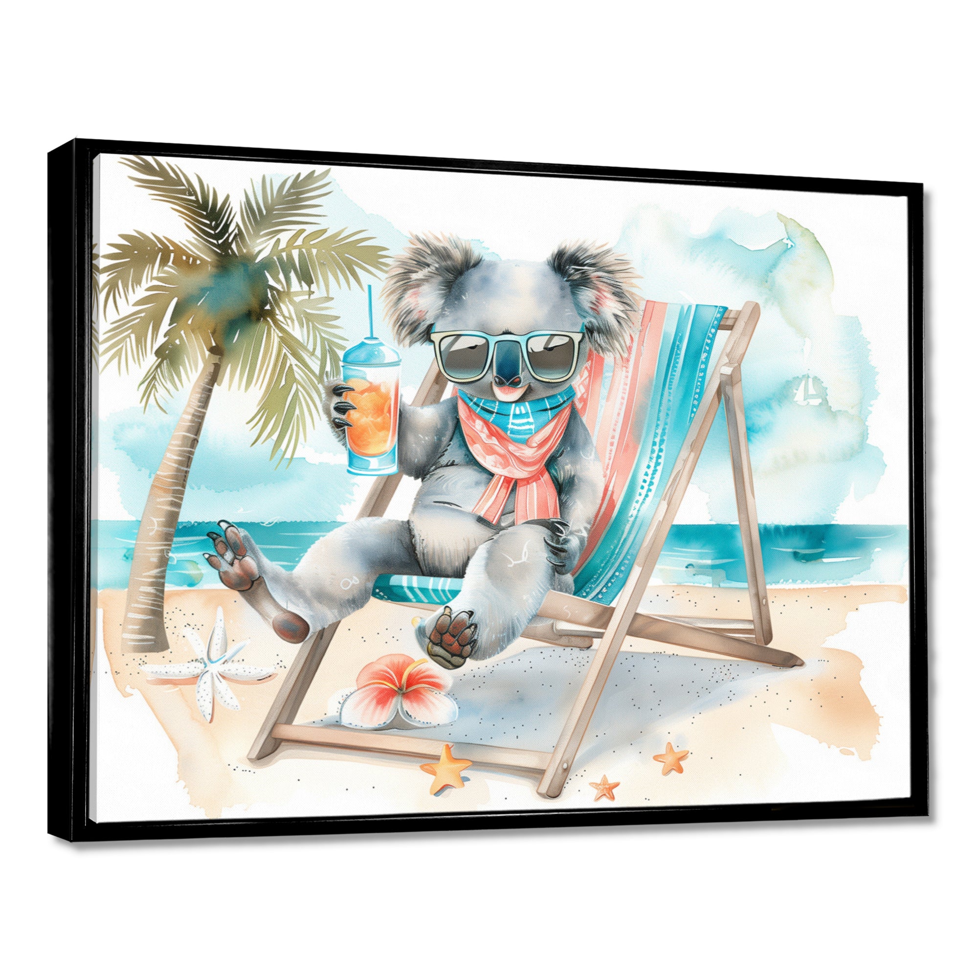 Cute Koala Beach Relaxing - Gray Coastal Animal Wall Art