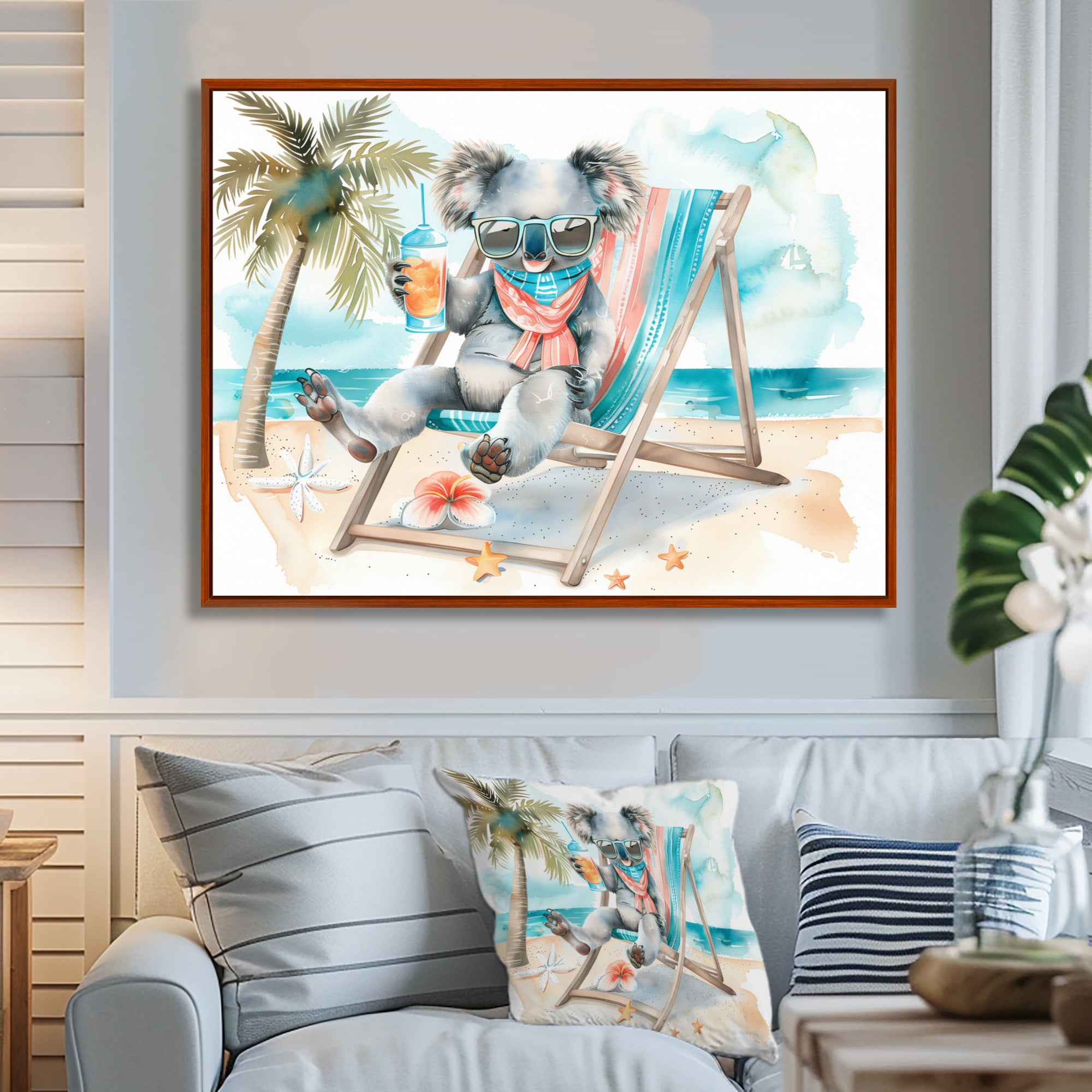 Cute Koala Beach Relaxing - Gray Coastal Animal Wall Art