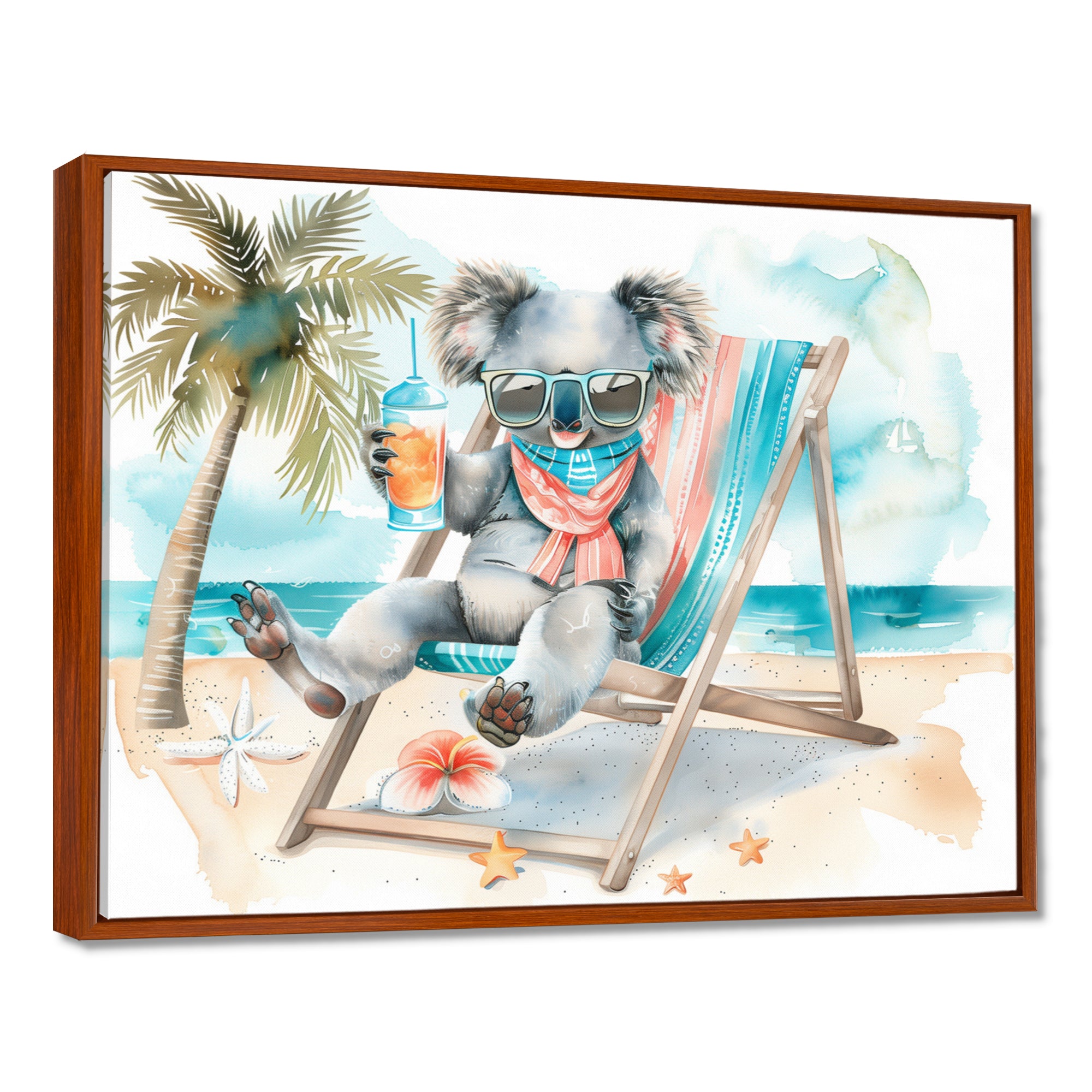 Cute Koala Beach Relaxing - Gray Coastal Animal Wall Art