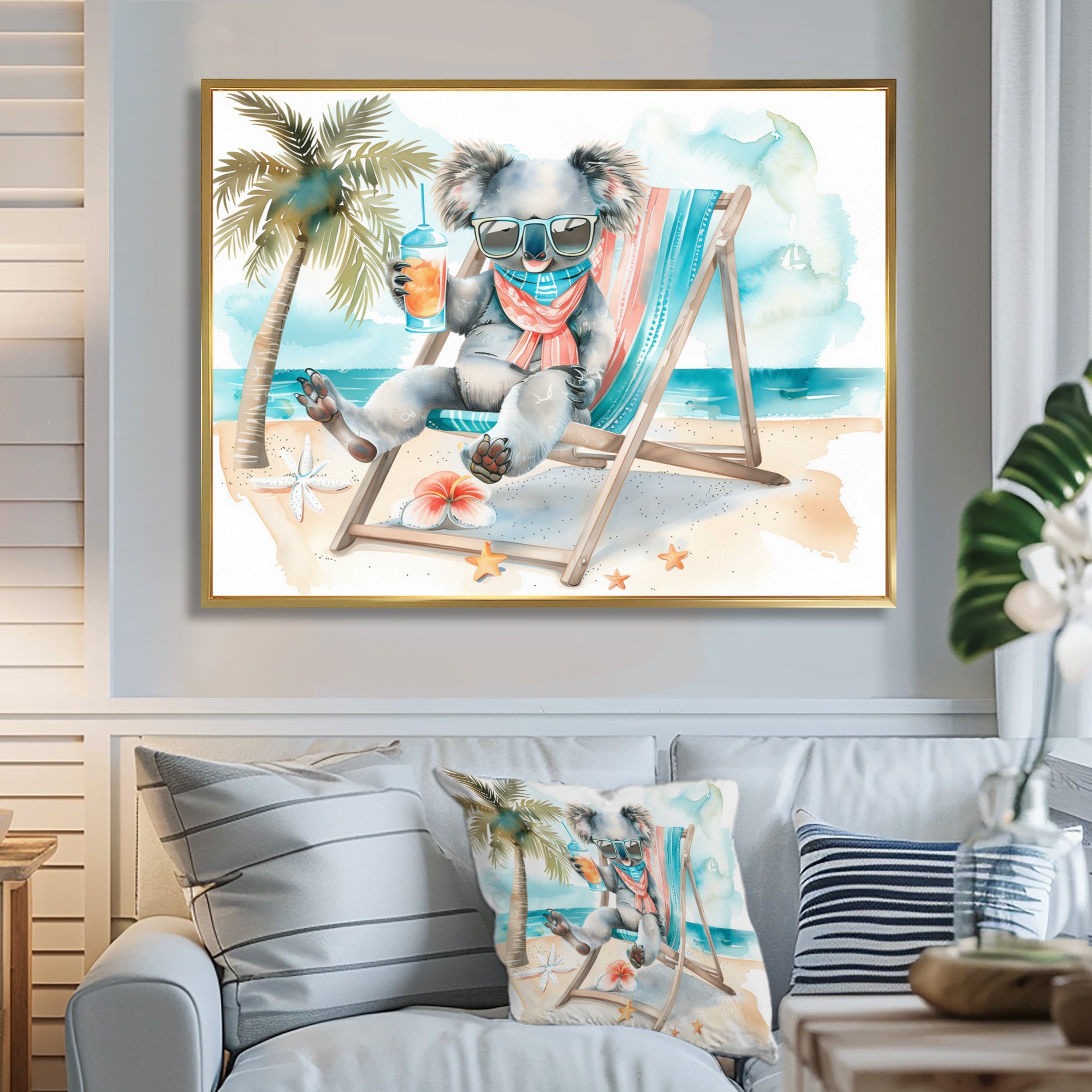Cute Koala Beach Relaxing - Gray Coastal Animal Wall Art