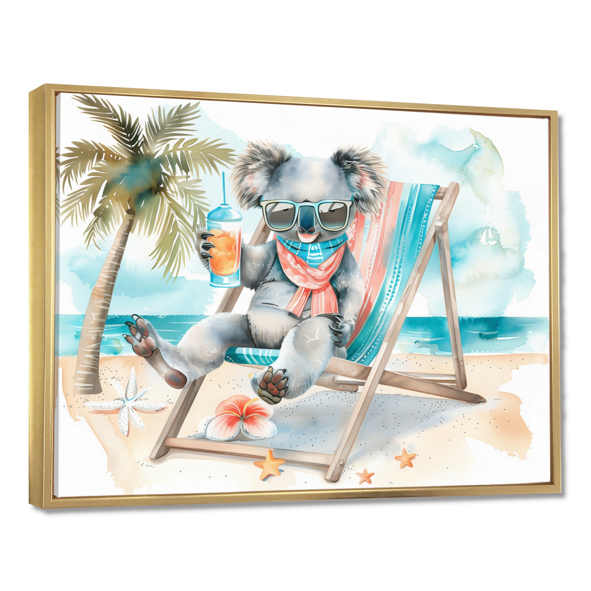 Cute Koala Beach Relaxing - Gray Coastal Animal Wall Art