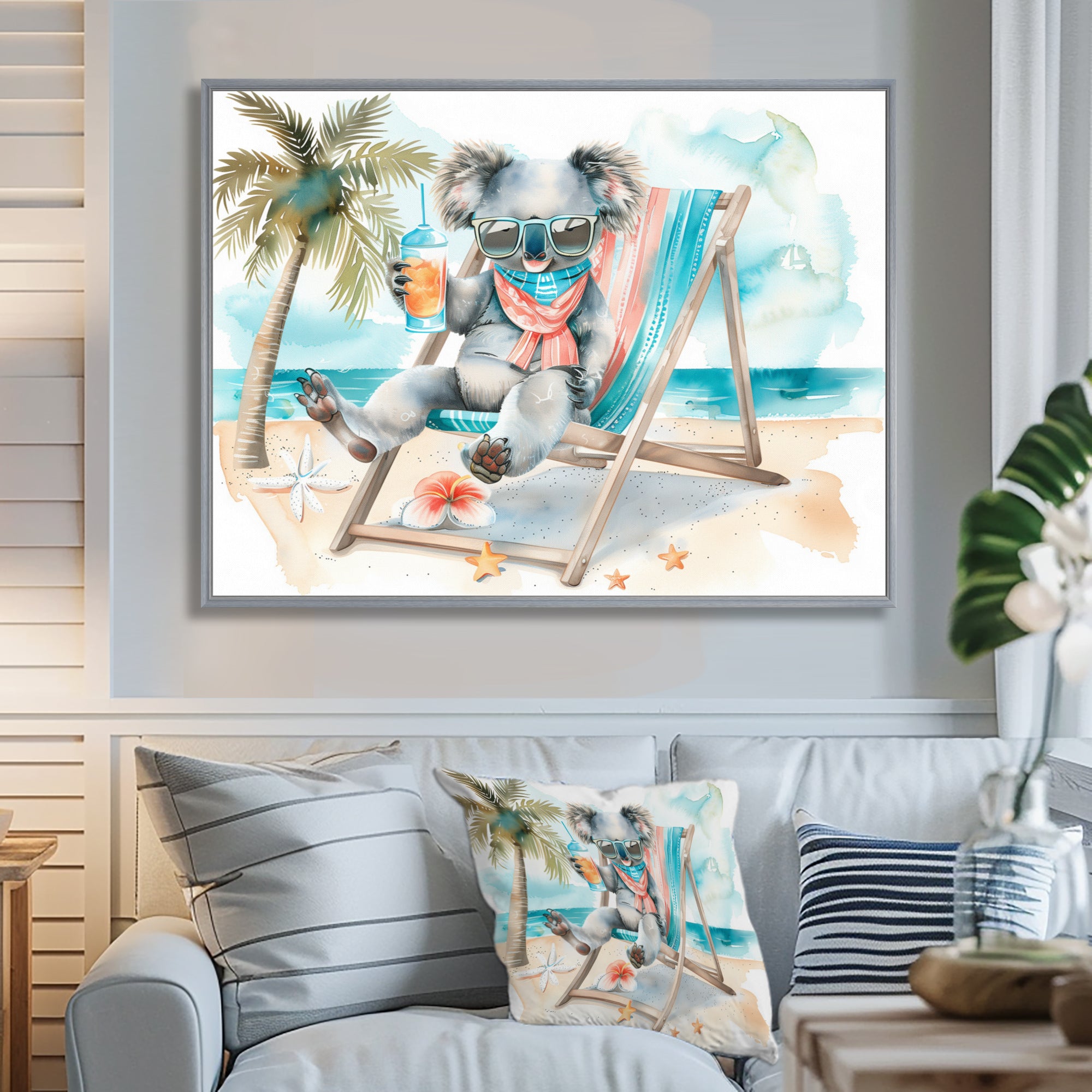 Cute Koala Beach Relaxing - Gray Coastal Animal Wall Art