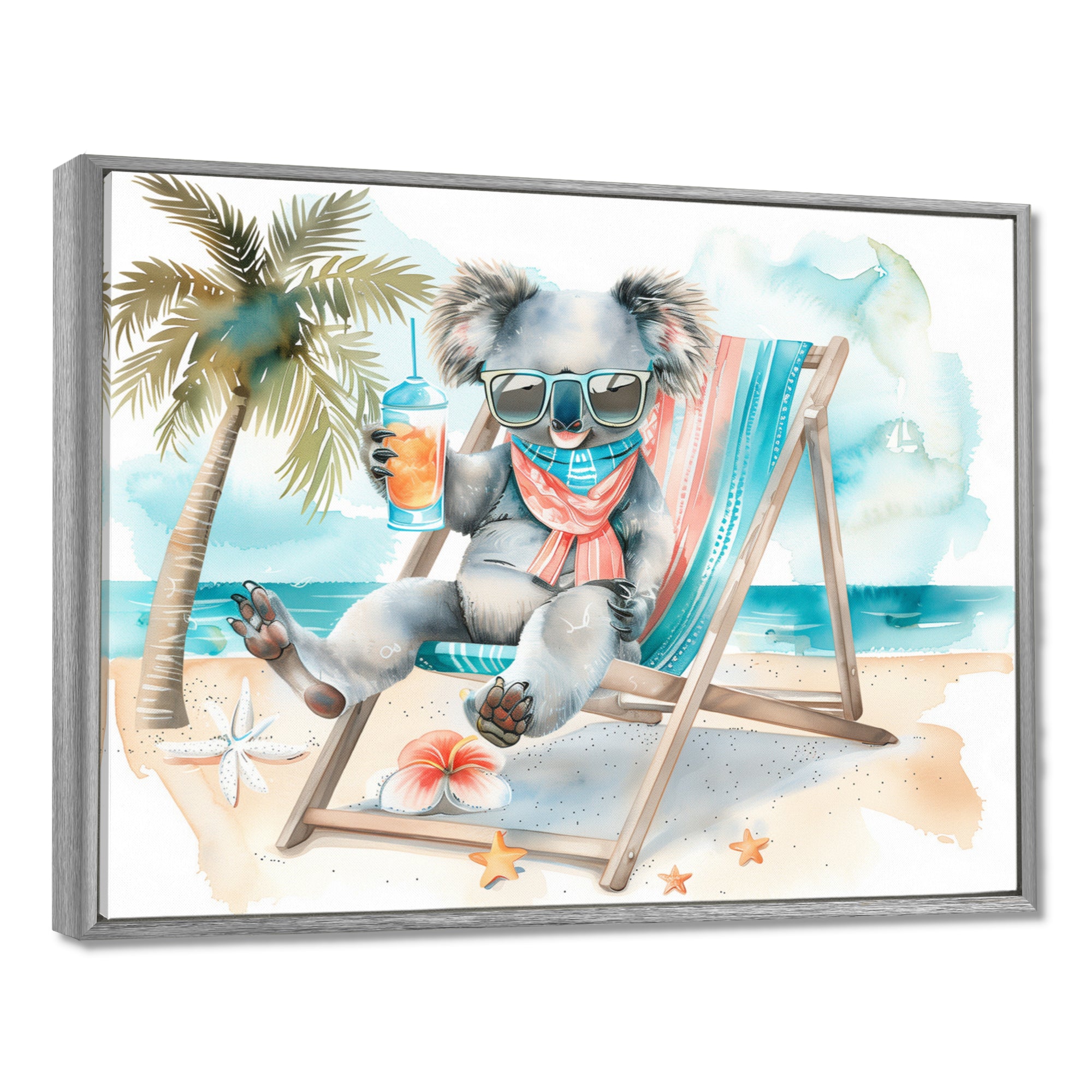 Cute Koala Beach Relaxing - Gray Coastal Animal Wall Art