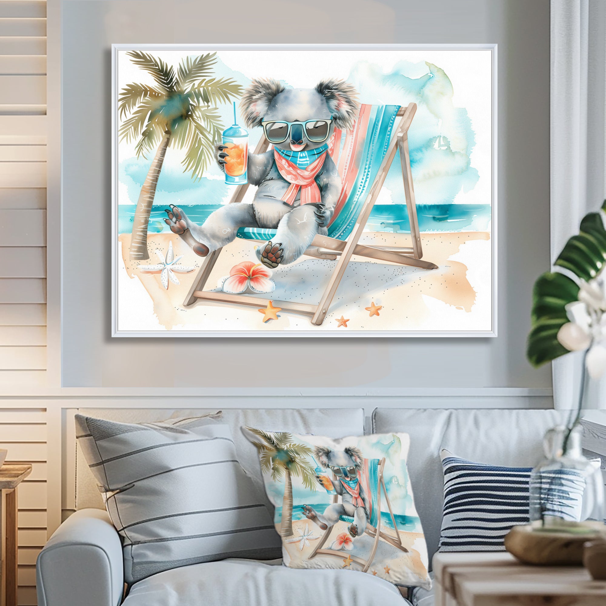 Cute Koala Beach Relaxing - Gray Coastal Animal Wall Art