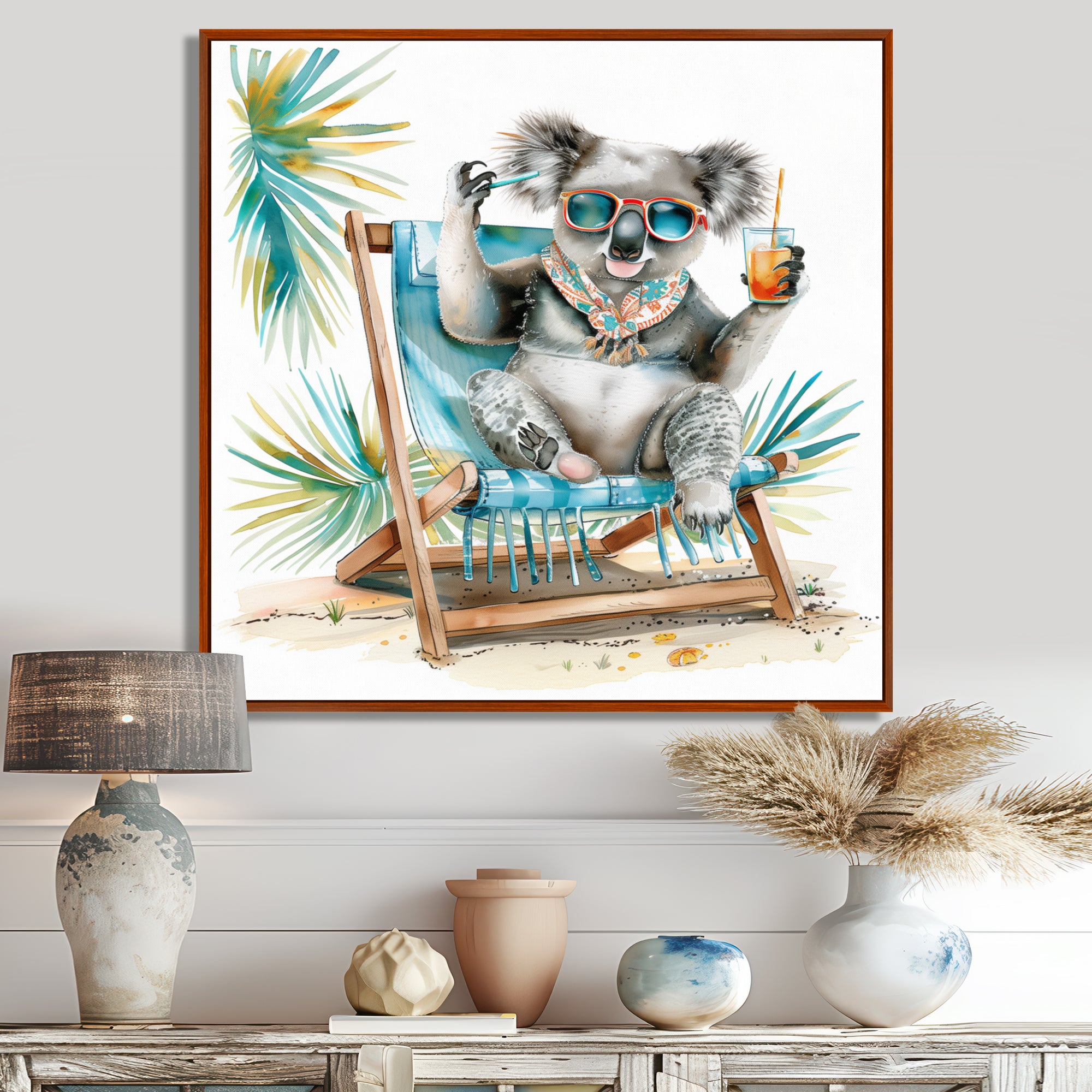 Cute Koala Beach Chair Relaxing - Gray Coastal Animal Wall Art
