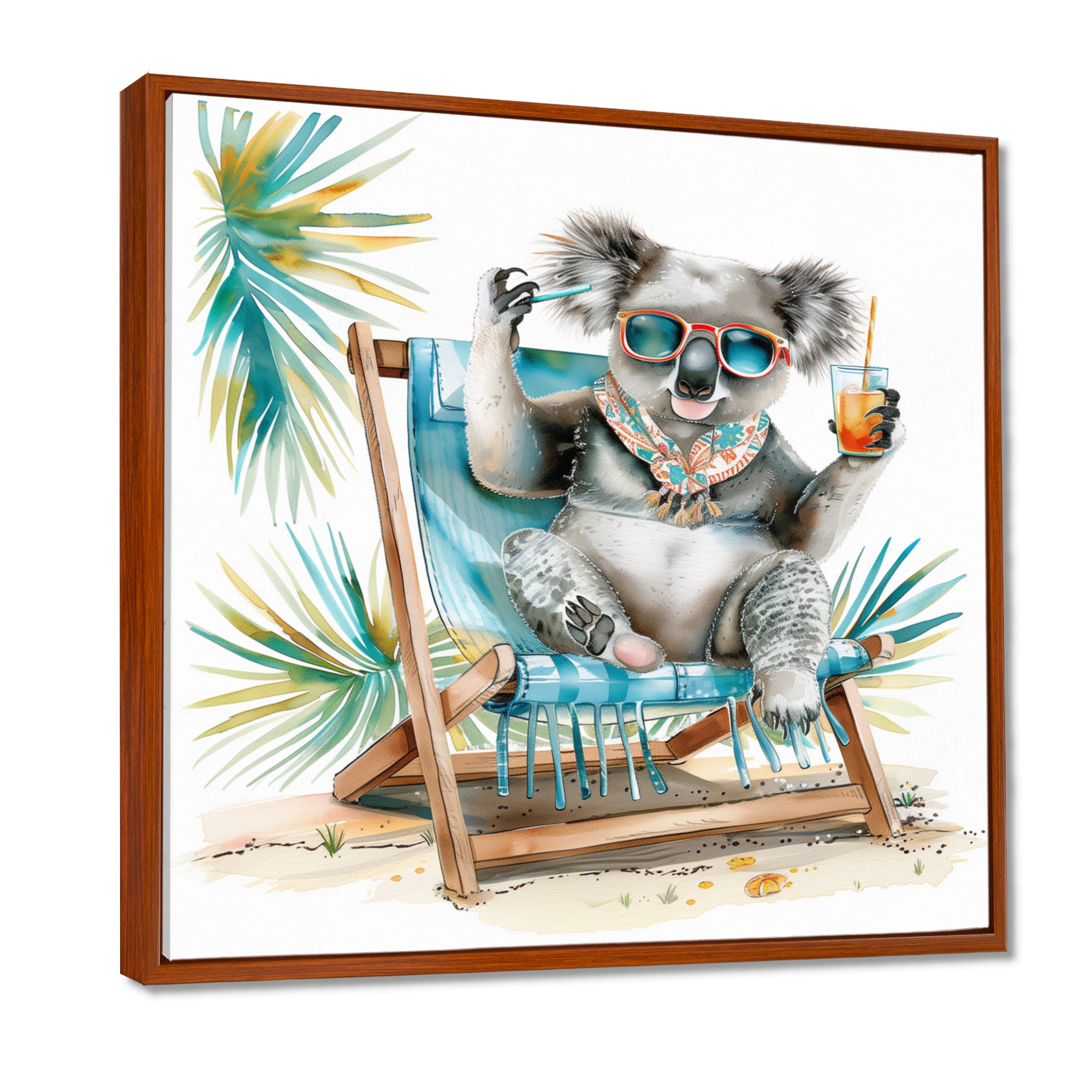 Cute Koala Beach Chair Relaxing - Gray Coastal Animal Wall Art