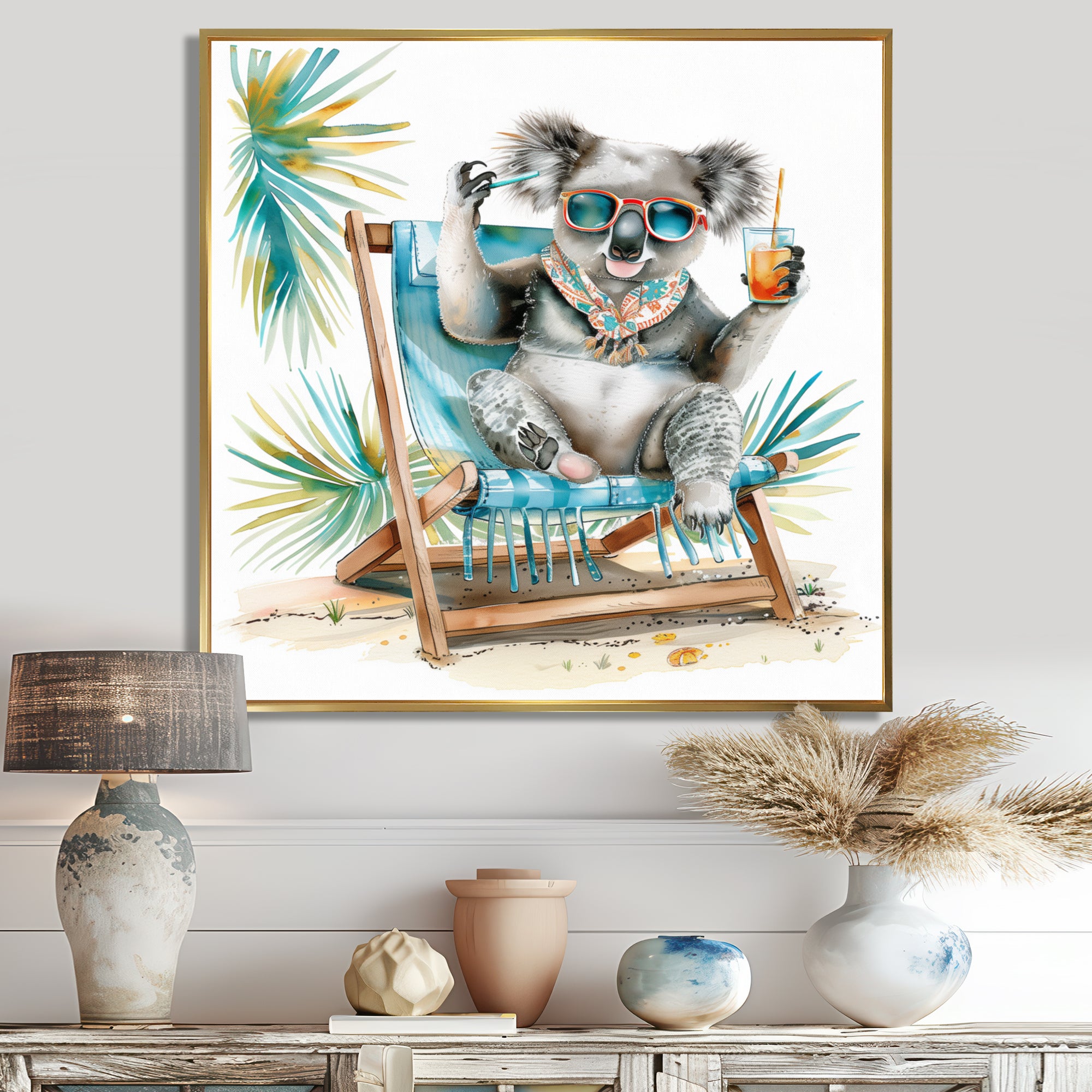 Cute Koala Beach Chair Relaxing - Gray Coastal Animal Wall Art