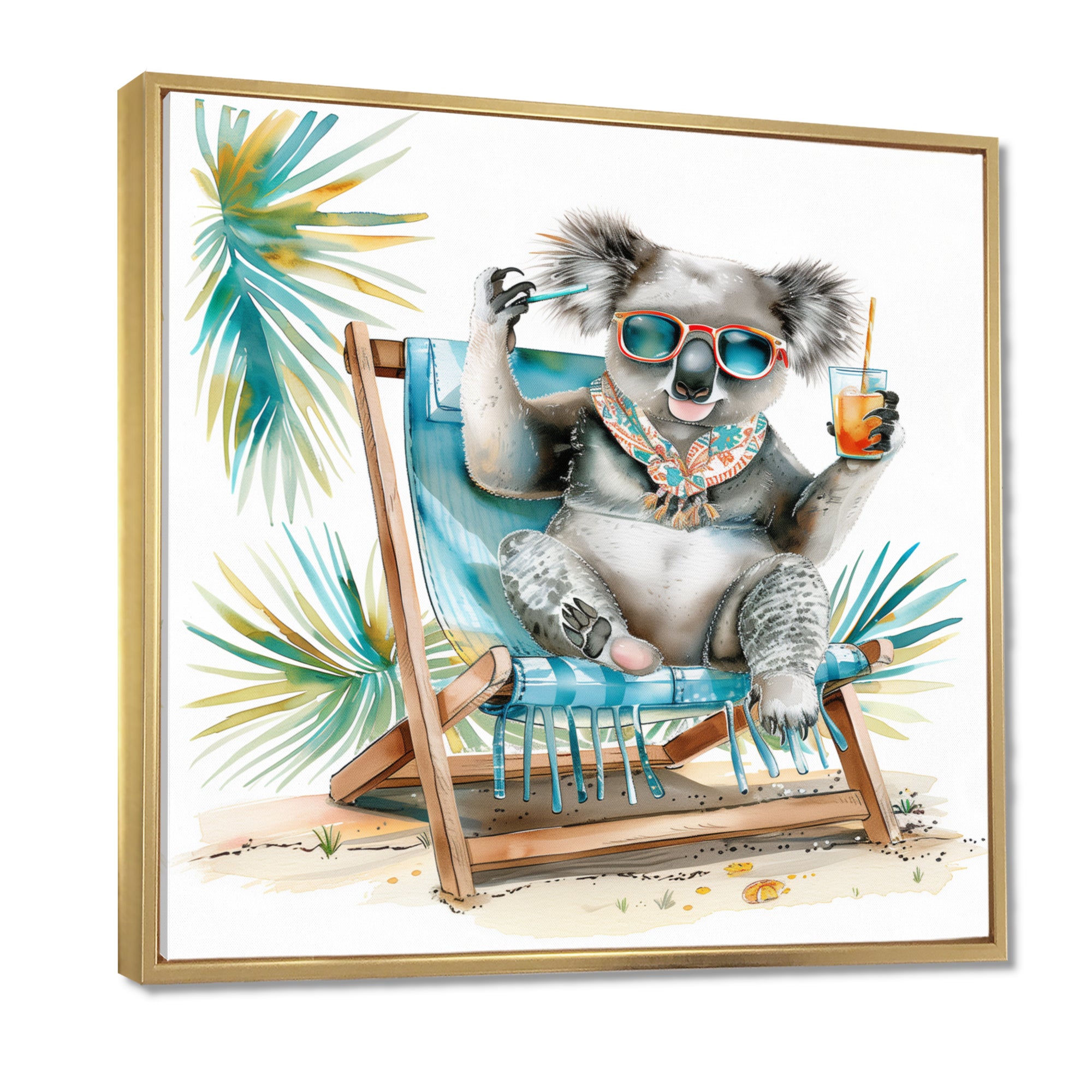 Cute Koala Beach Chair Relaxing - Gray Coastal Animal Wall Art