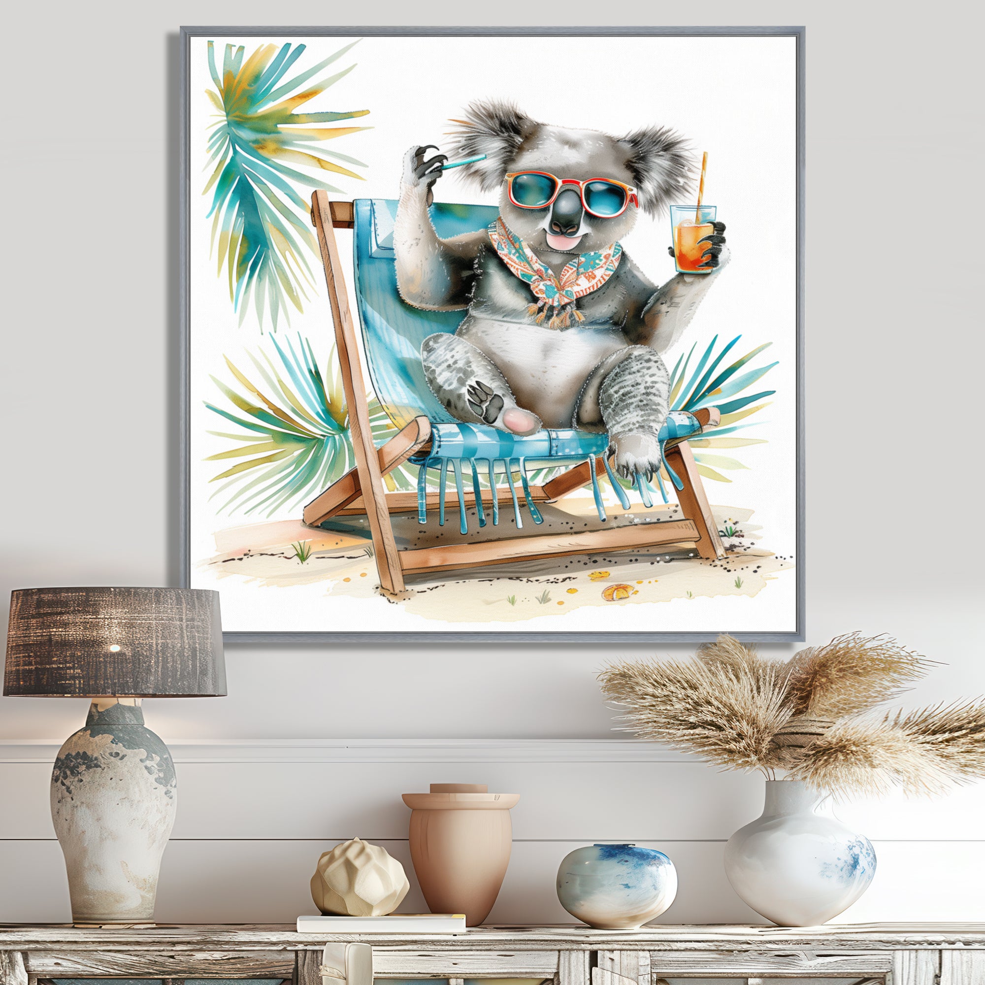 Cute Koala Beach Chair Relaxing - Gray Coastal Animal Wall Art